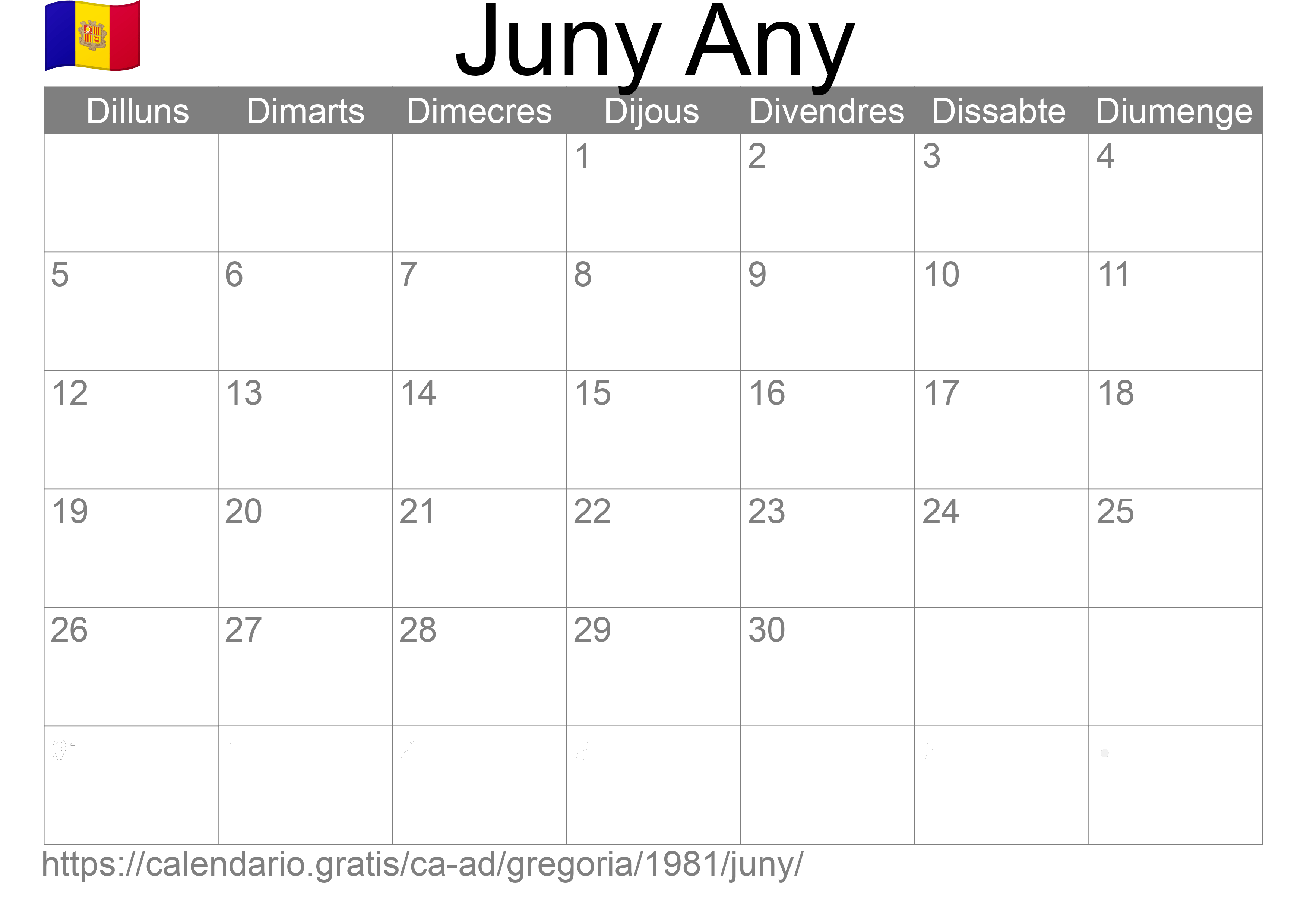 Calendari Juny 1981 per imprimir