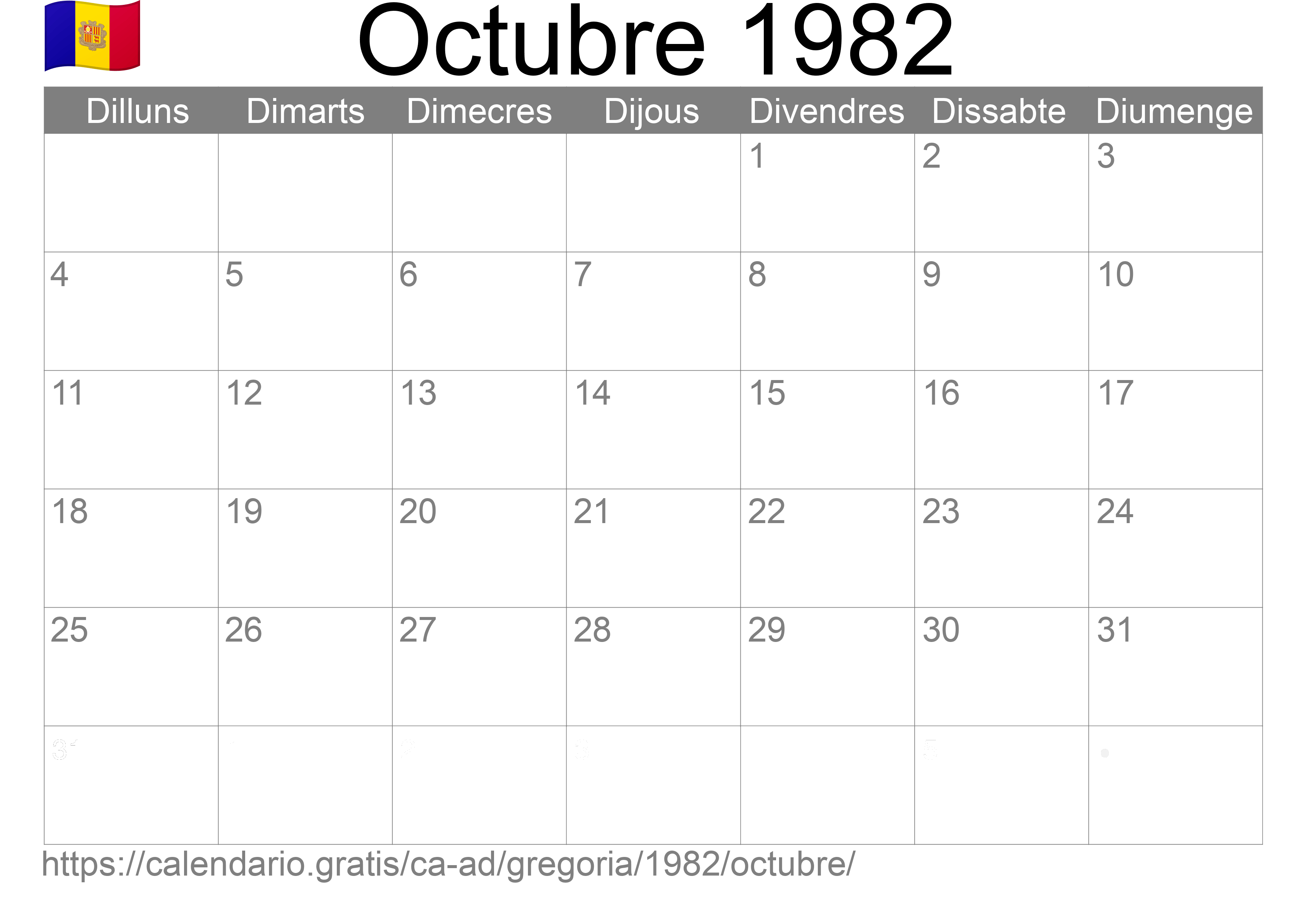 Calendari Octubre 1982 per imprimir