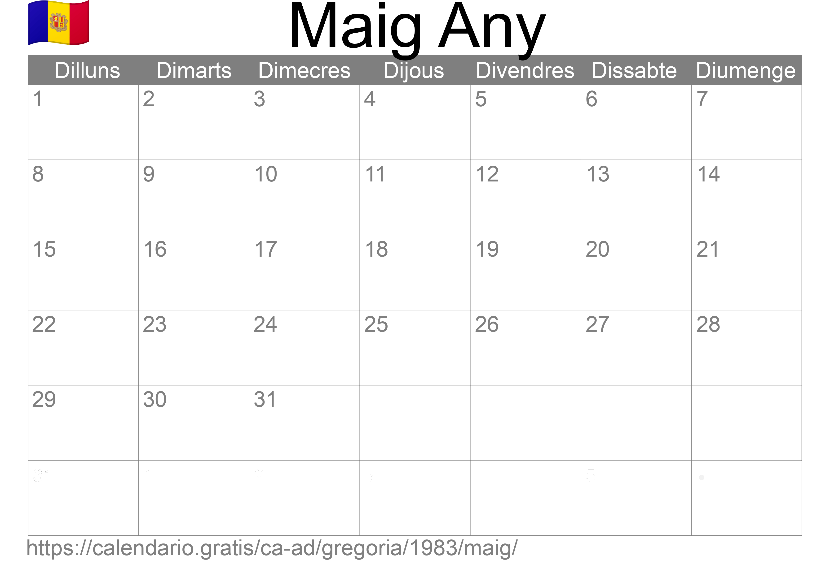 Calendari Maig 1983 per imprimir