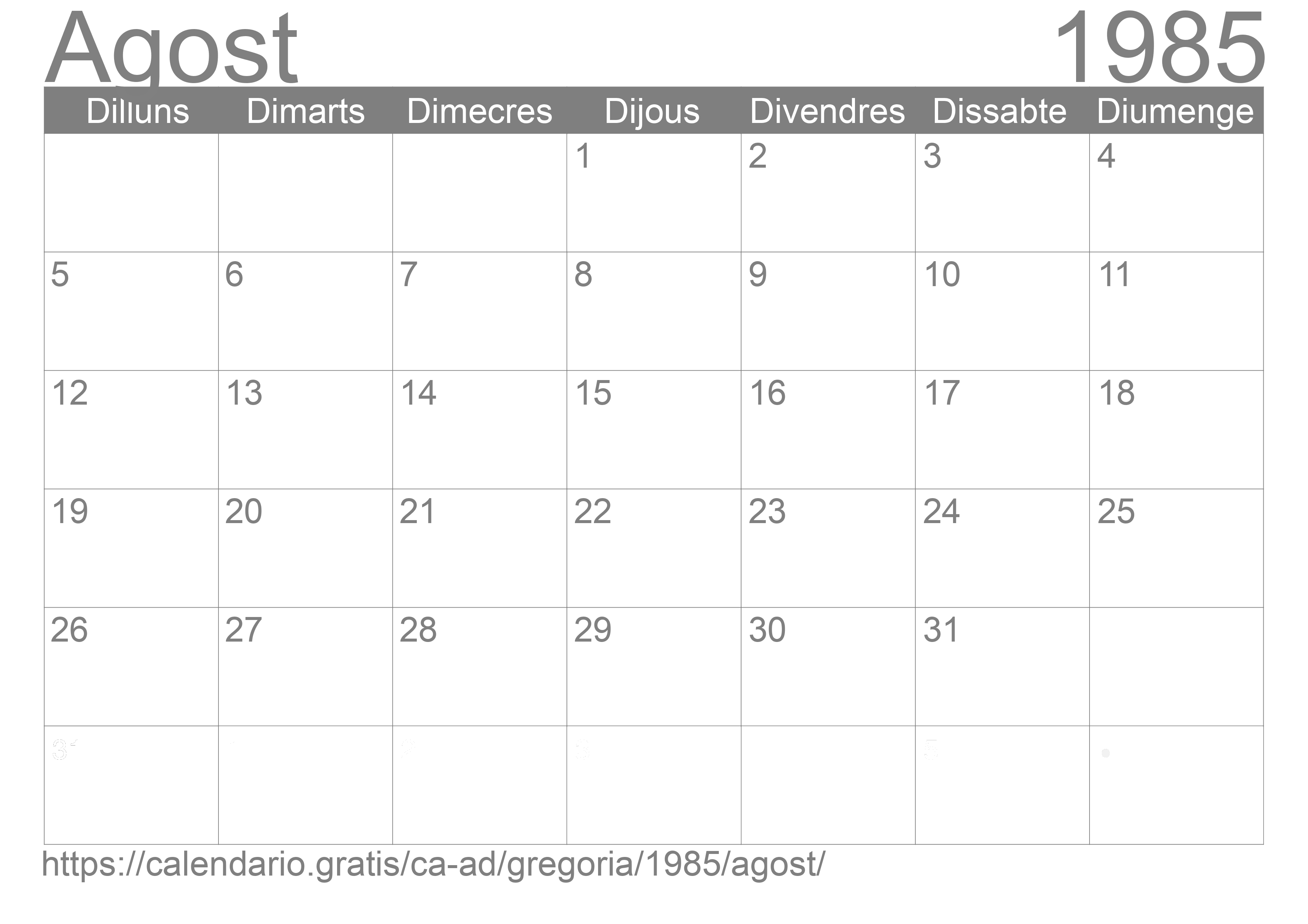 Calendari Agost 1985 per imprimir