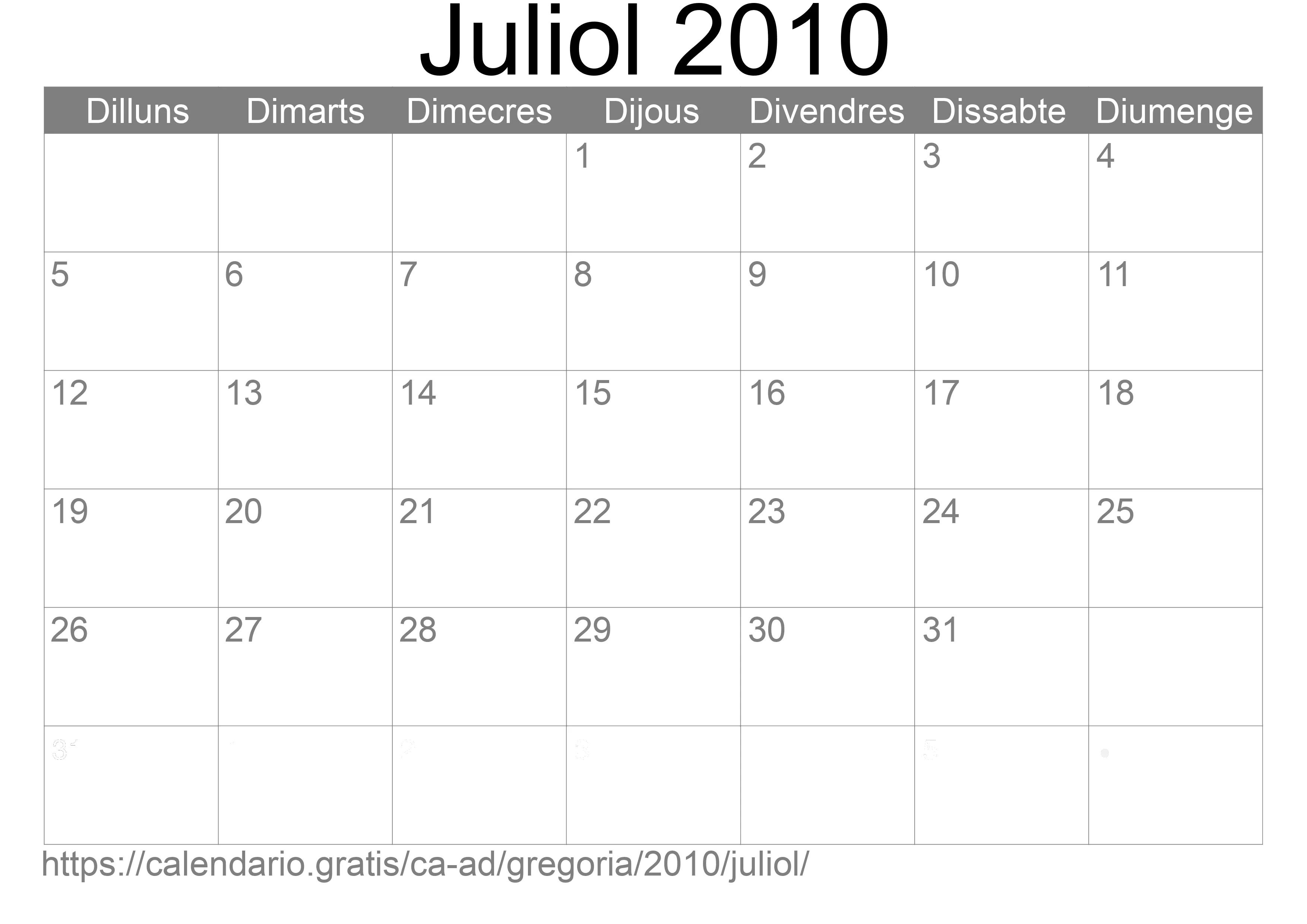 Calendari Juliol 2010 per imprimir (Andorra)
