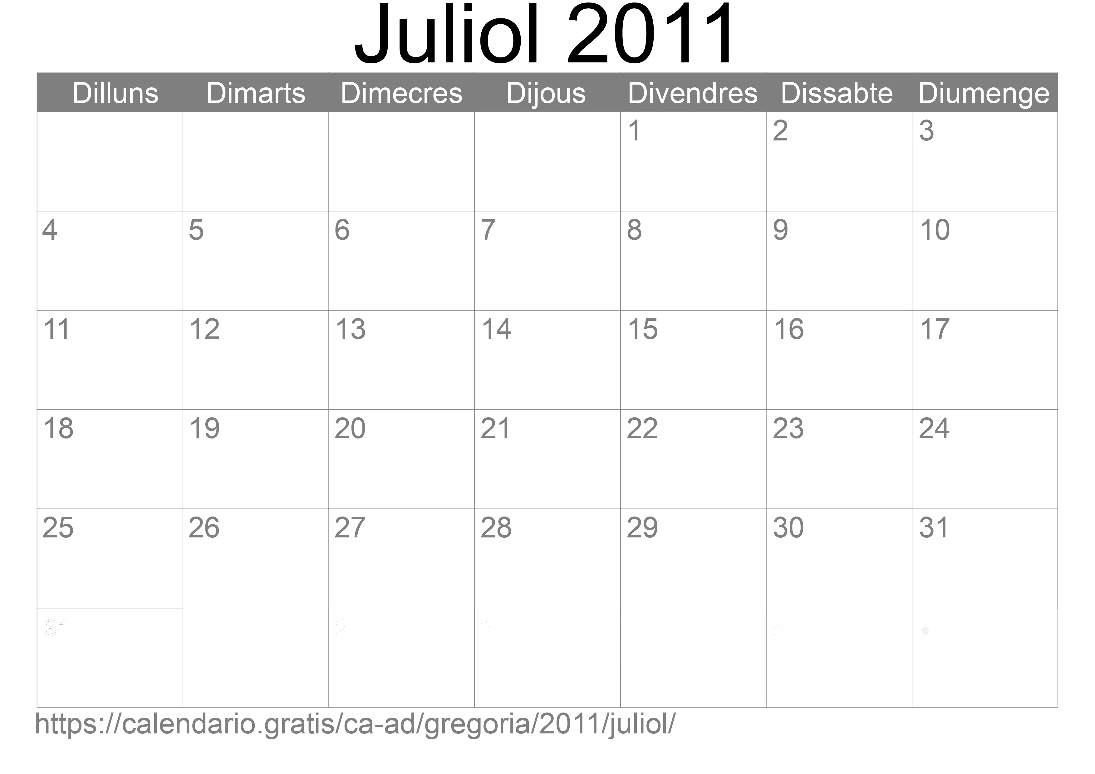 Calendari Juliol 2011 per imprimir (Andorra)