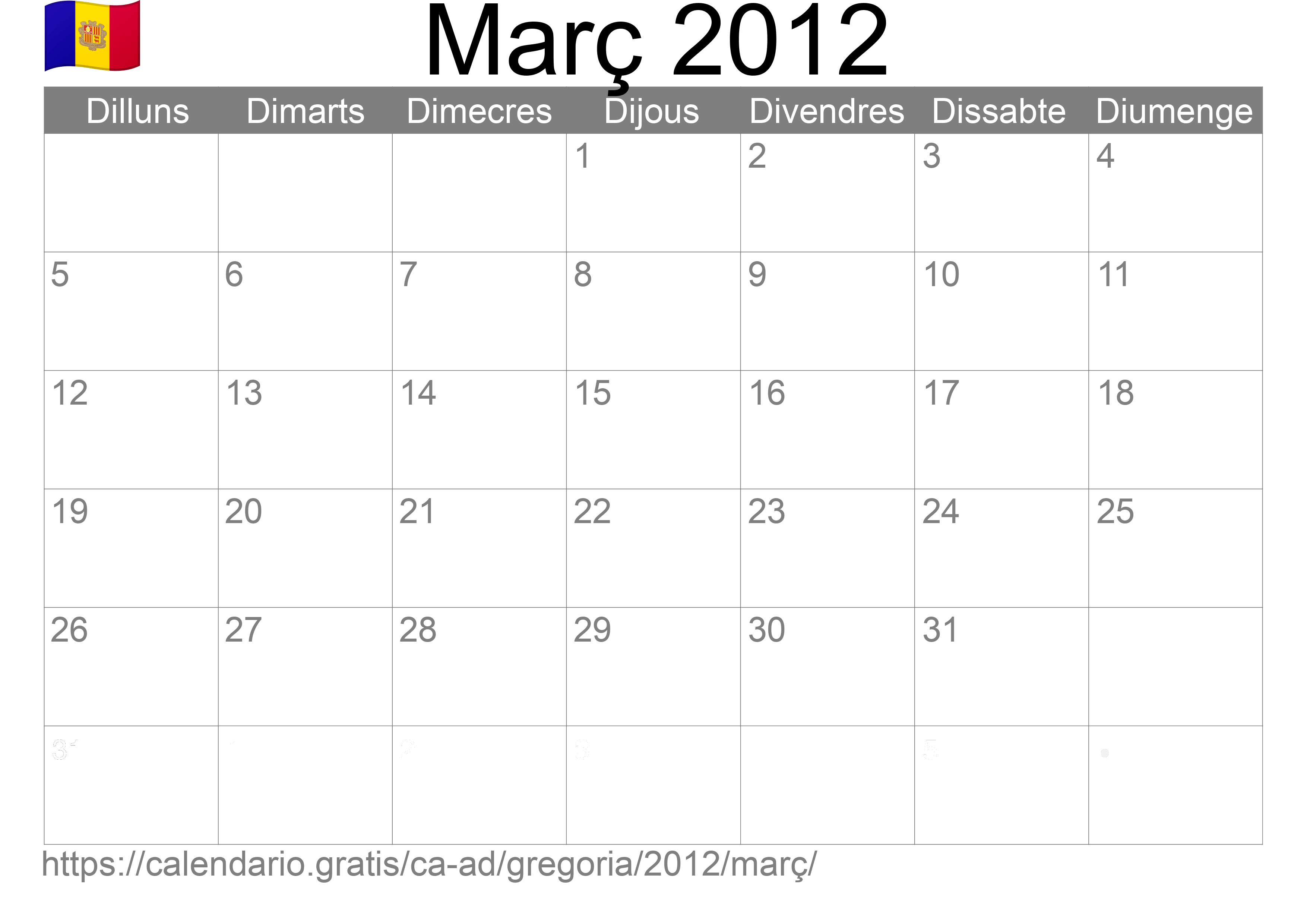 Calendari Març 2012 per imprimir