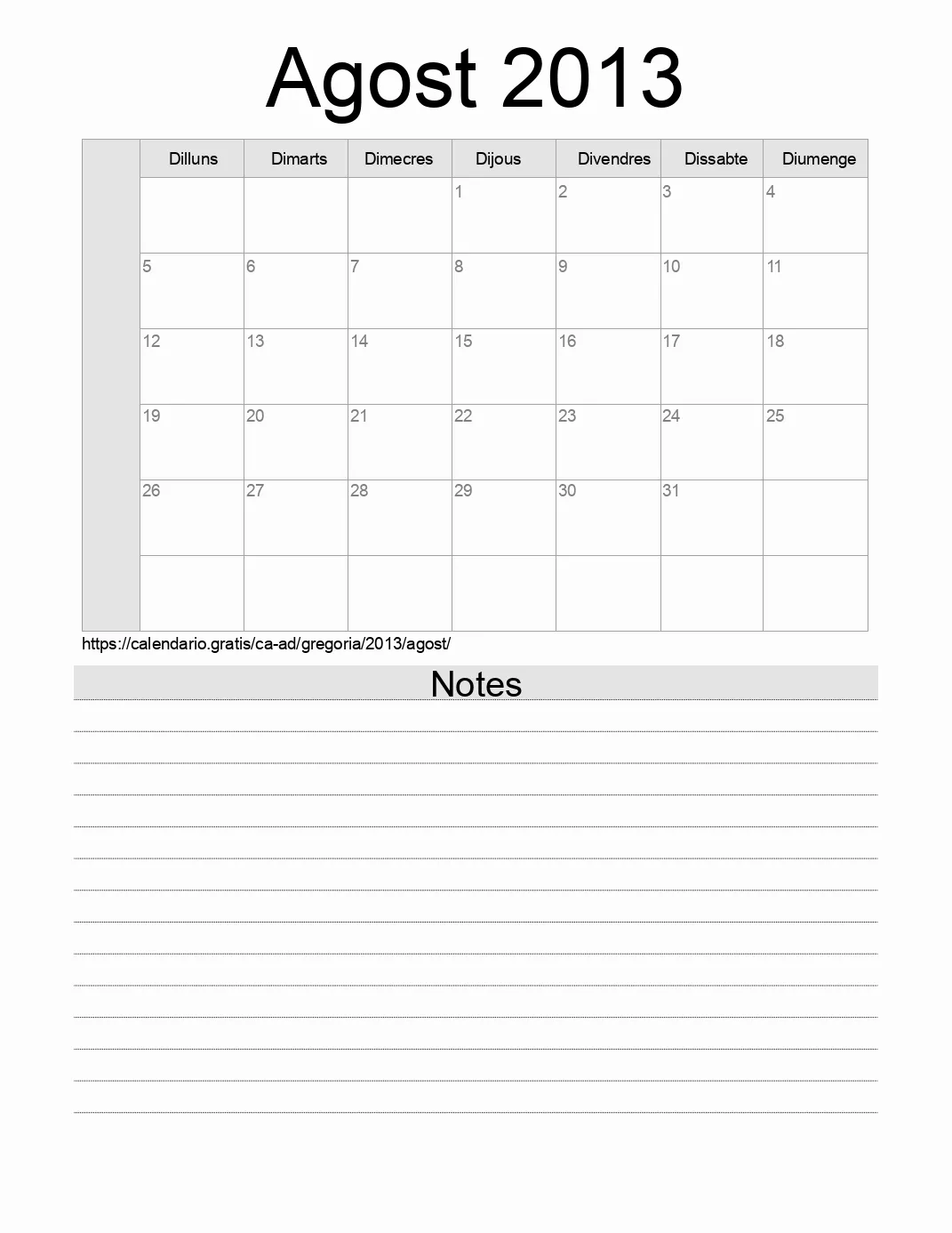 Calendari de Agost 2013 per imprimir amb notes. (Andorra)