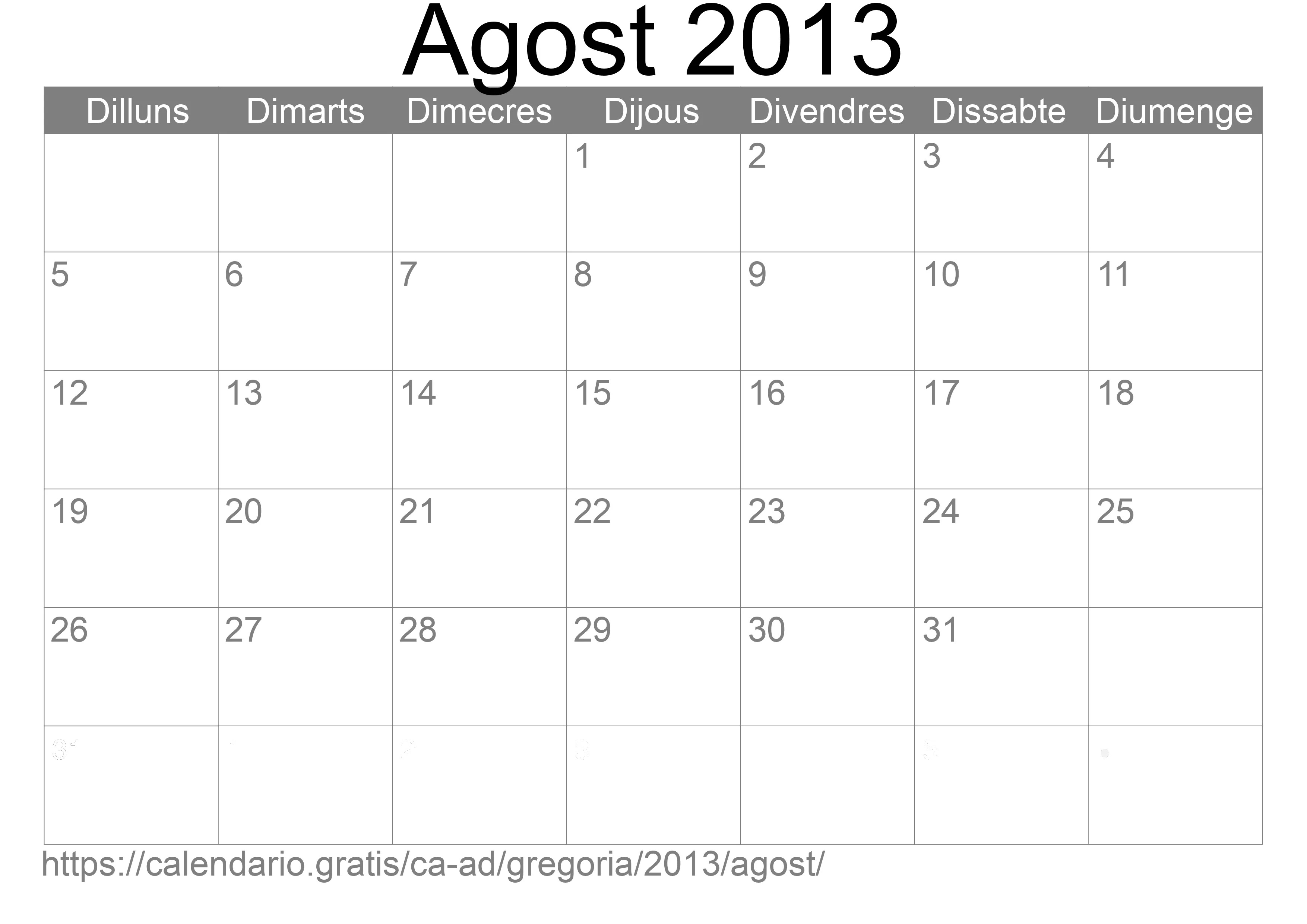Calendari Agost 2013 per imprimir (Andorra)