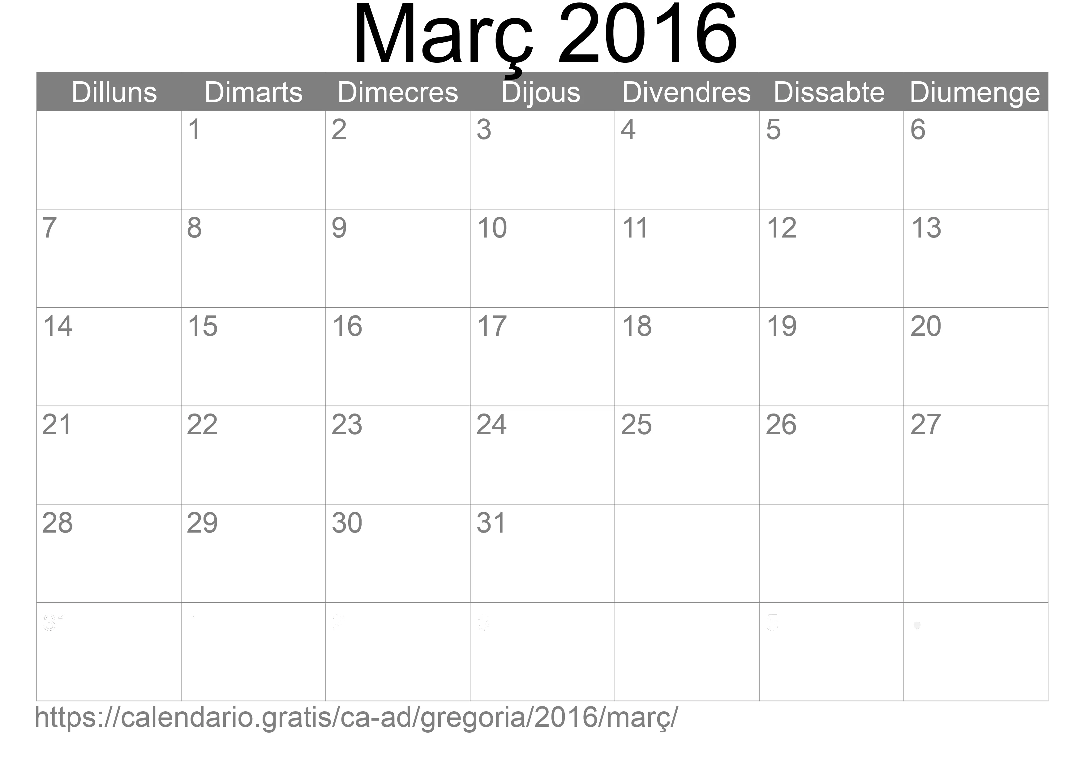 Calendari Març 2016 per imprimir (Andorra)