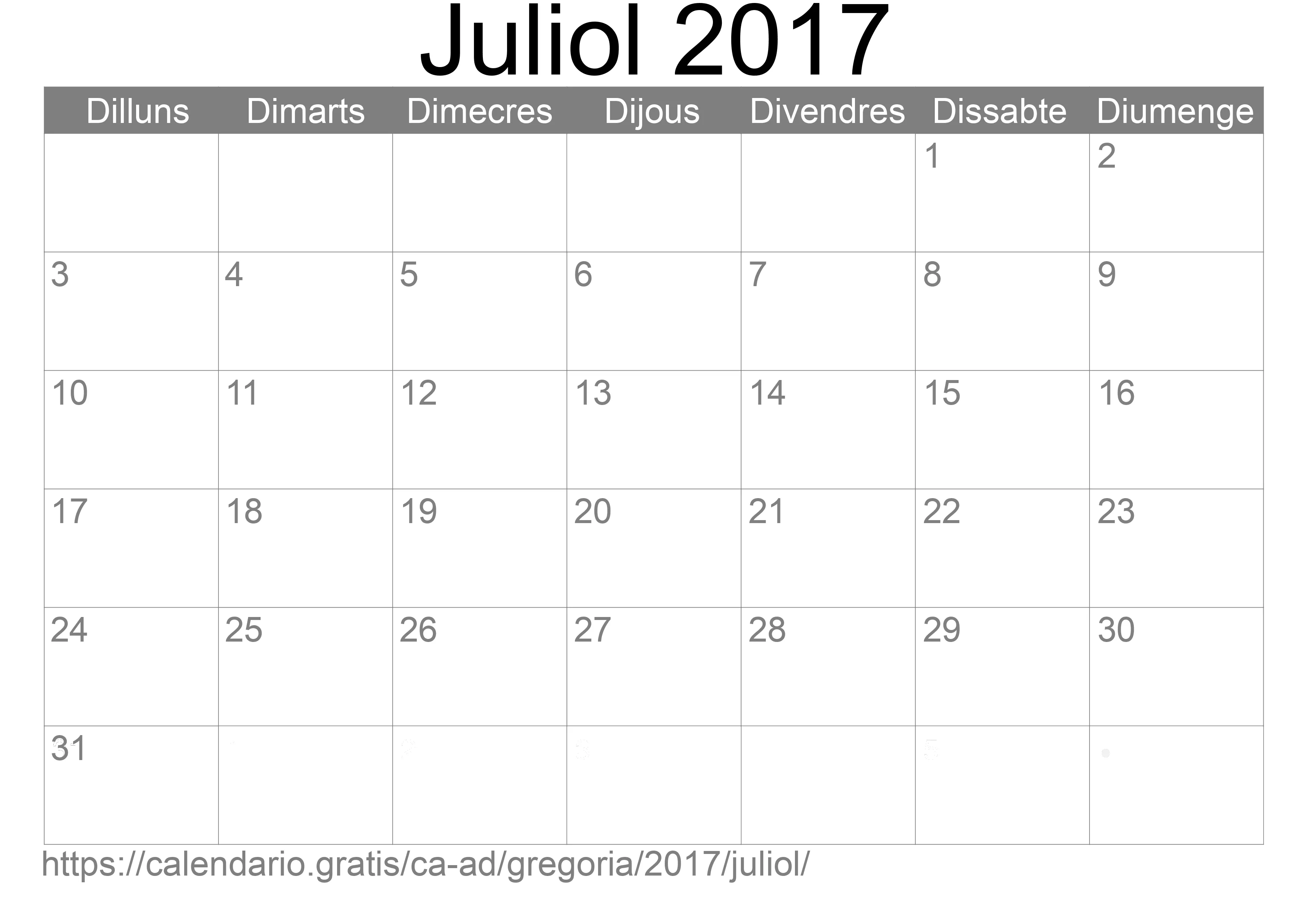 Calendari Juliol 2017 per imprimir (Andorra)