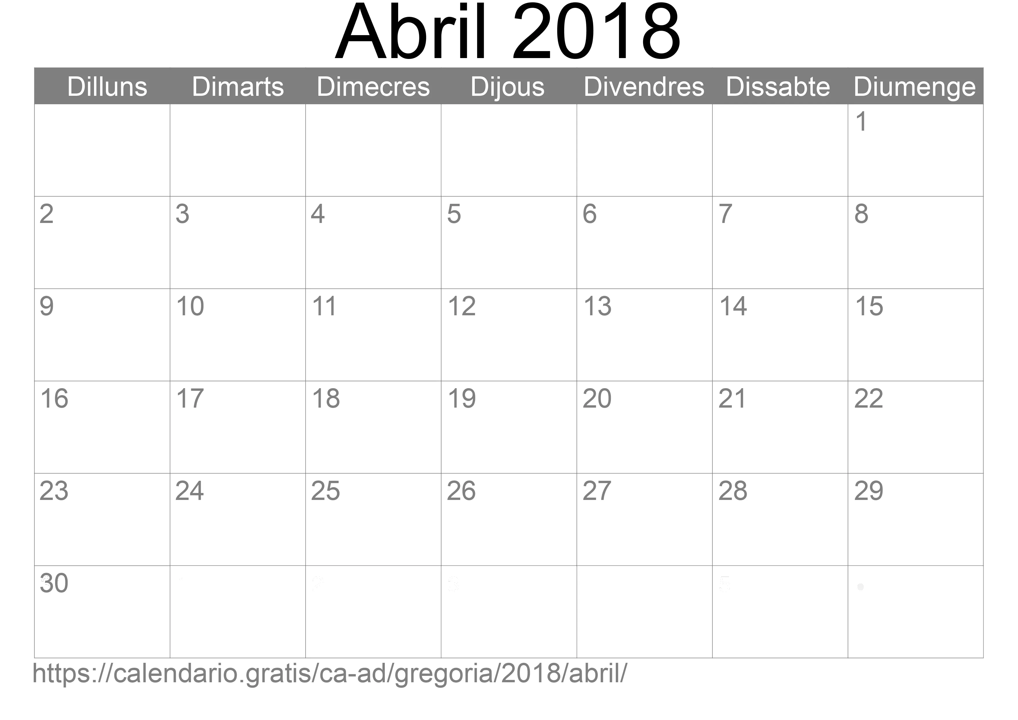 Calendari Abril 2018 per imprimir (Andorra) Calendari Abril 2018 per imprimir (Andorra)
