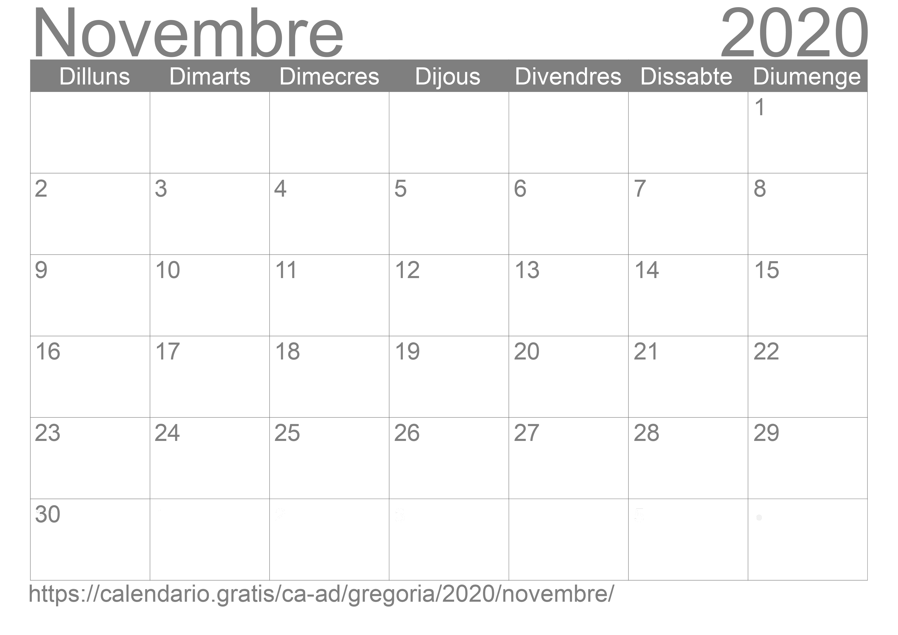 Calendari Novembre 2020 per imprimir