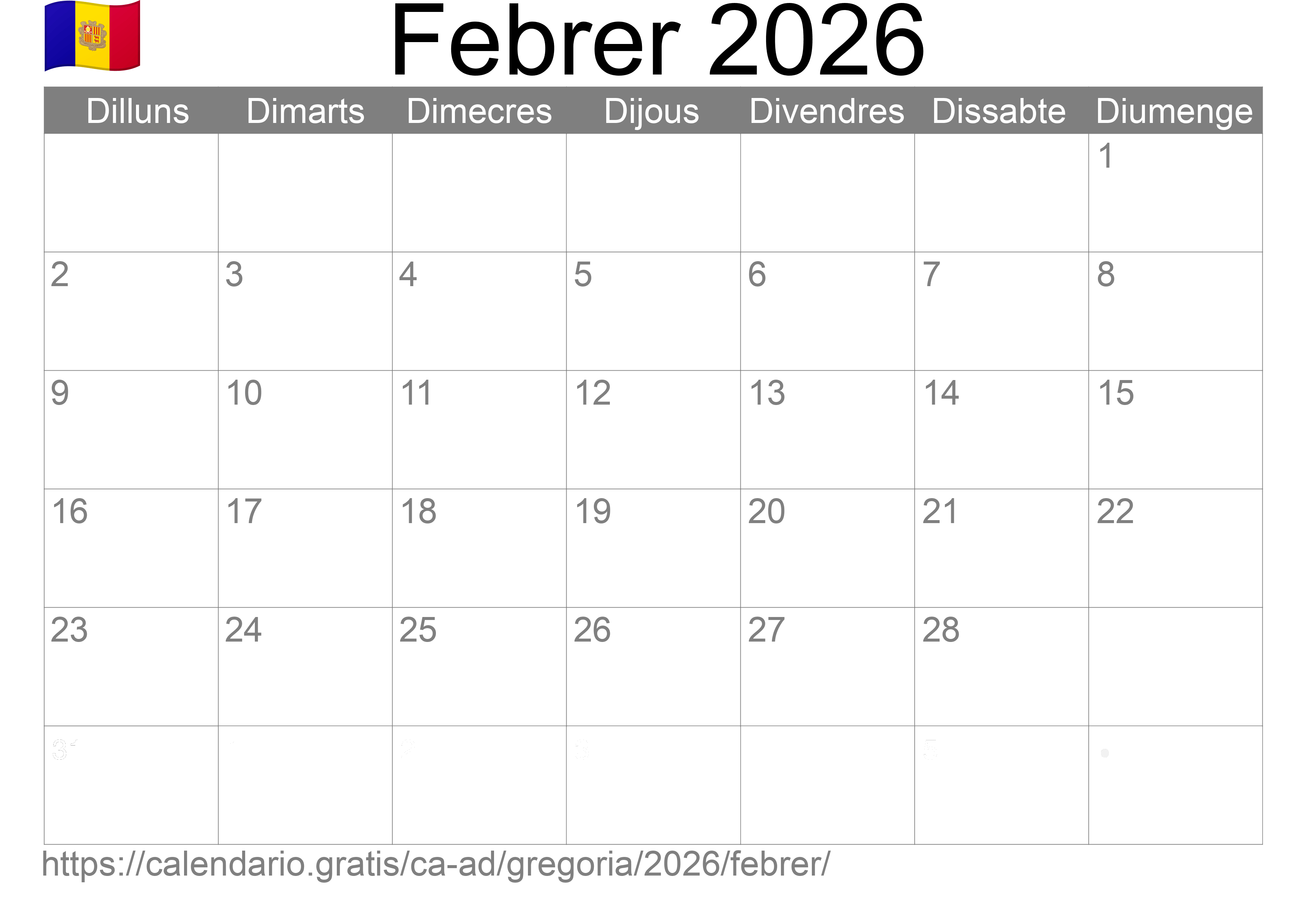 Calendari Febrer 2026 per imprimir