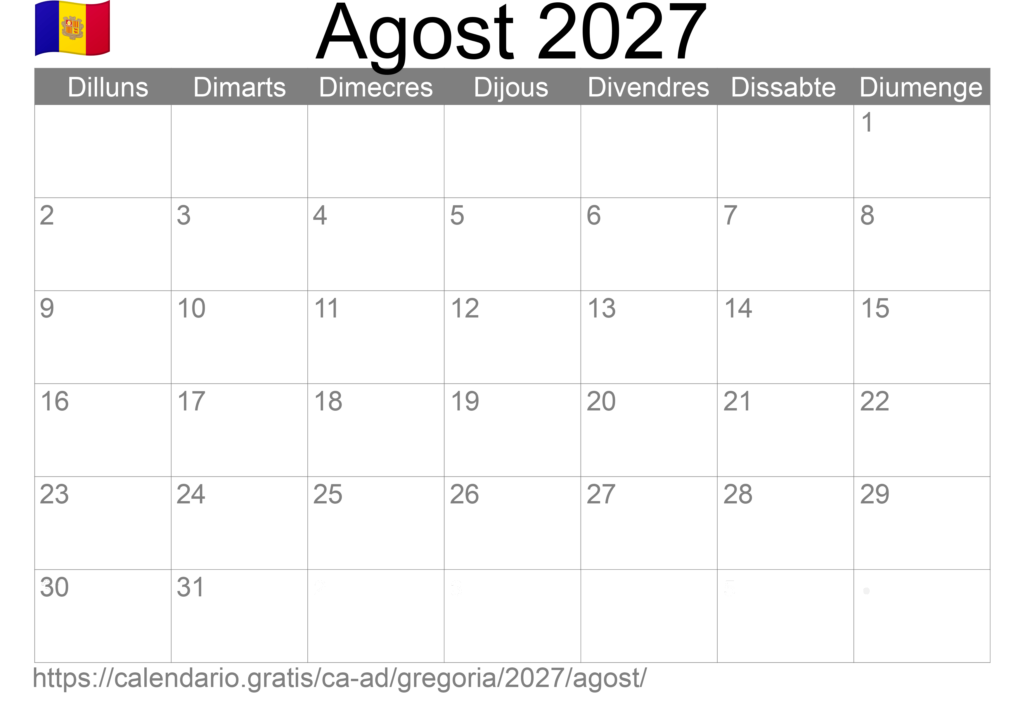 Calendari Agost 2027 per imprimir