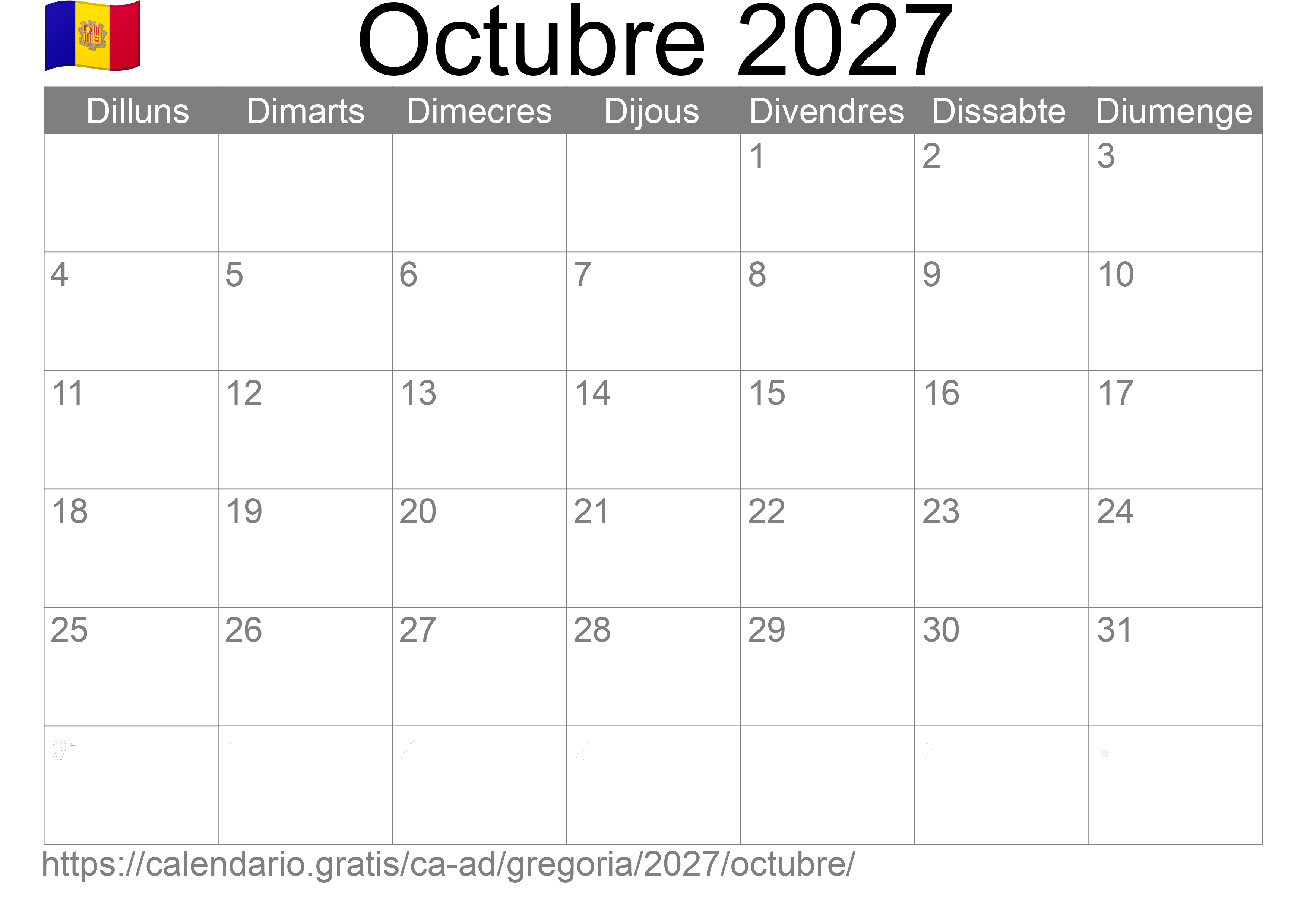 Calendari Octubre 2027 per imprimir