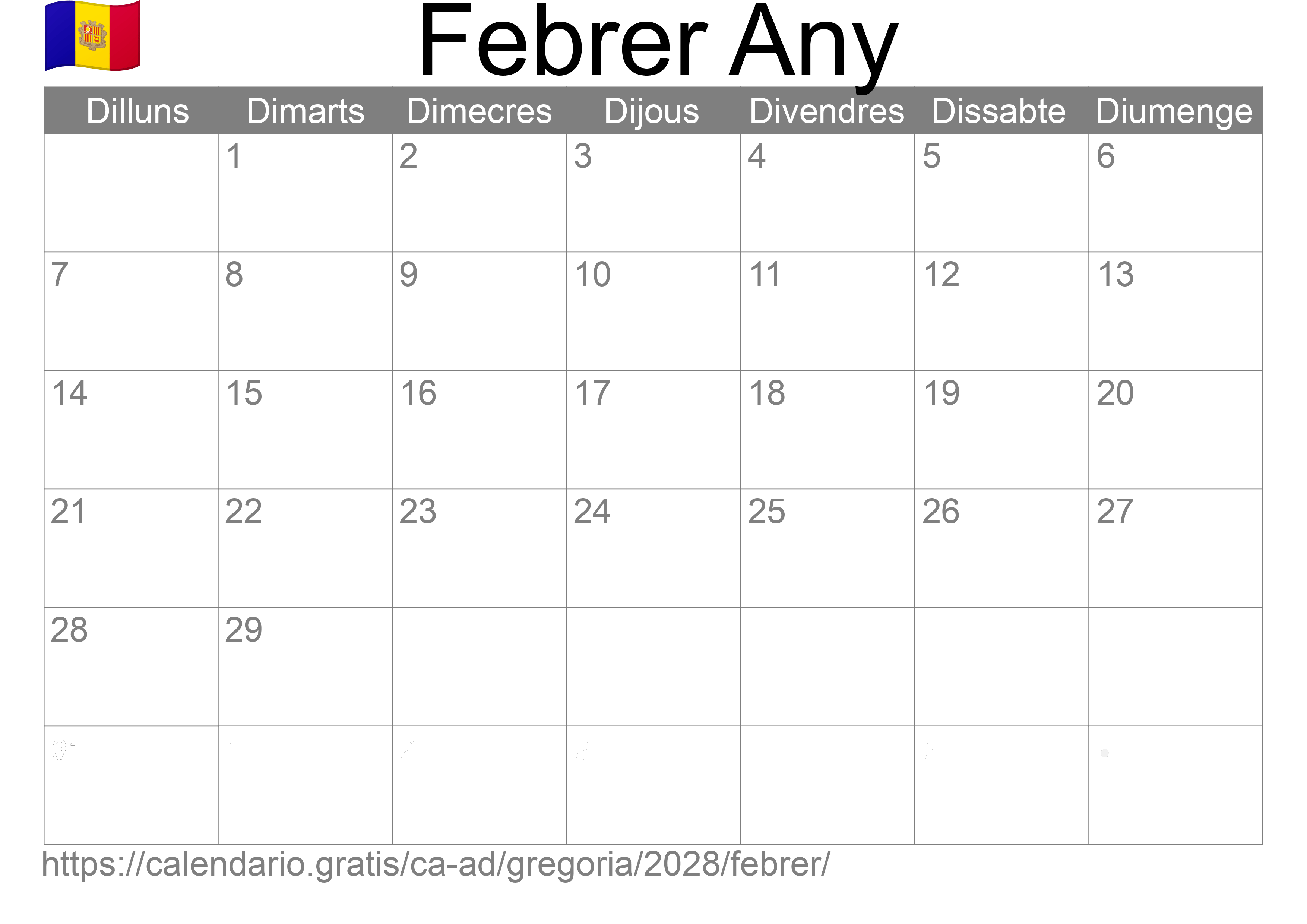 Calendari Febrer 2028 per imprimir