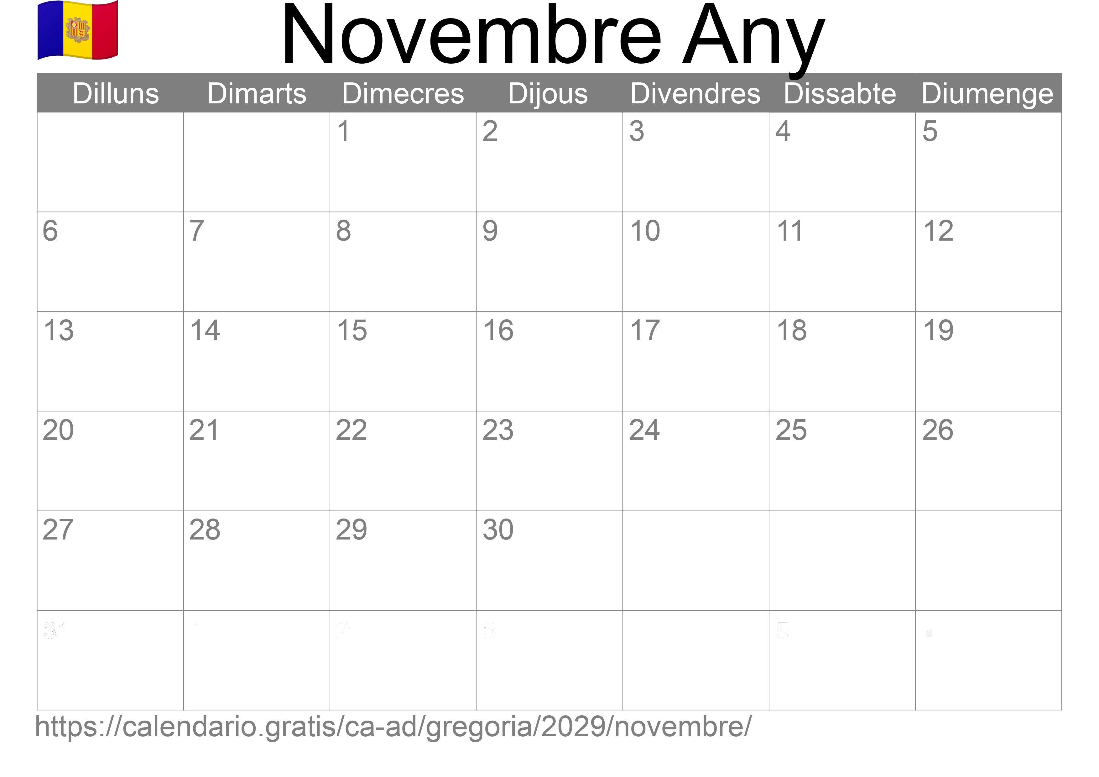 Calendari Novembre 2029 per imprimir