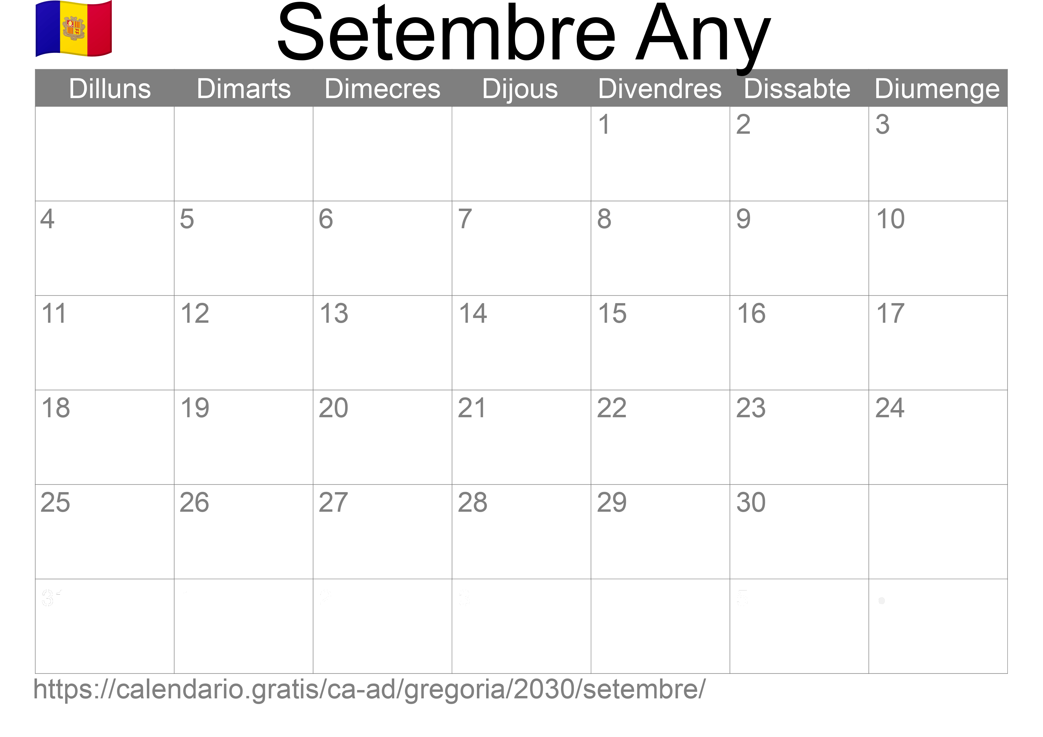 Calendari Setembre 2030 per imprimir