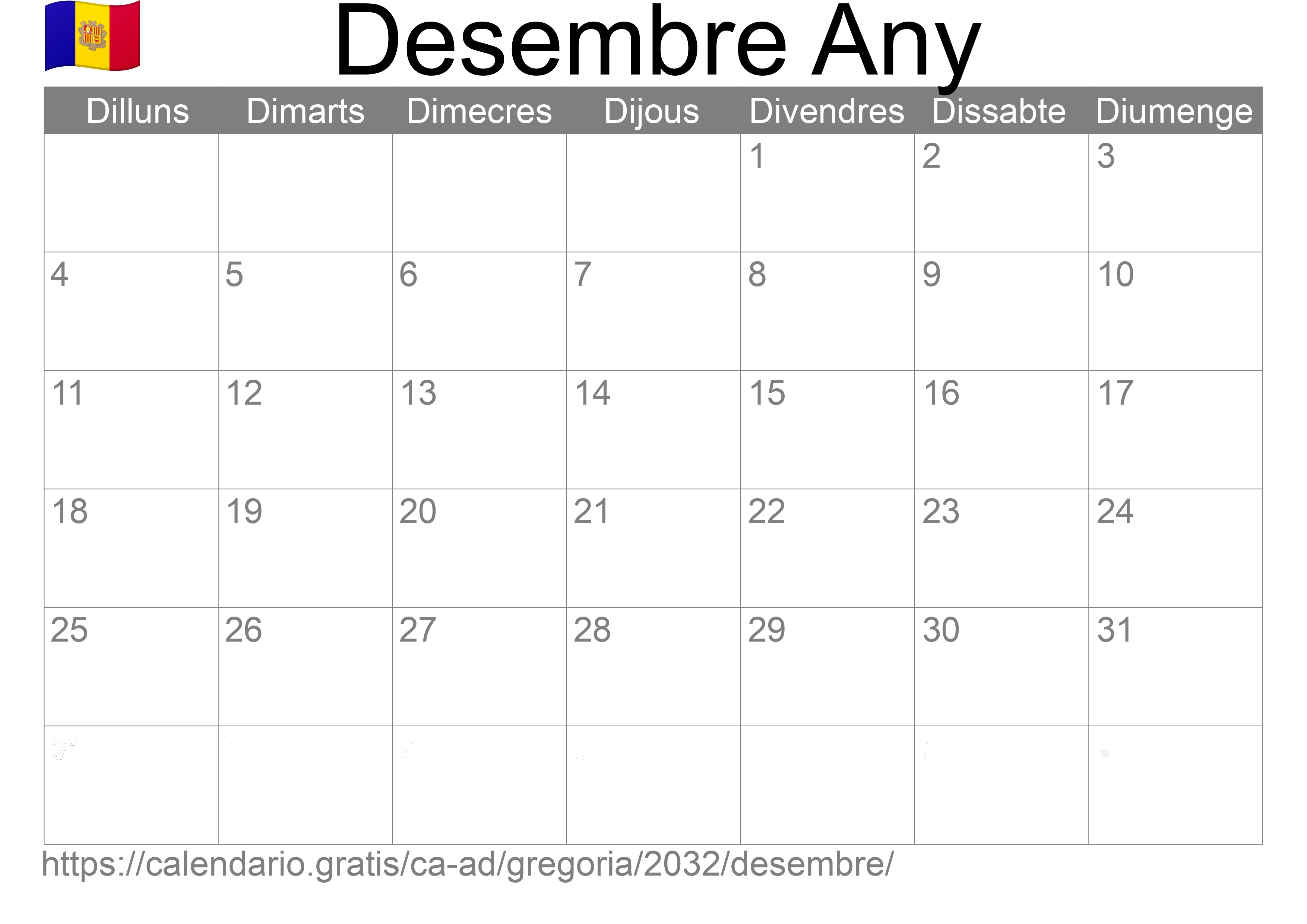 Calendari Desembre 2032 per imprimir