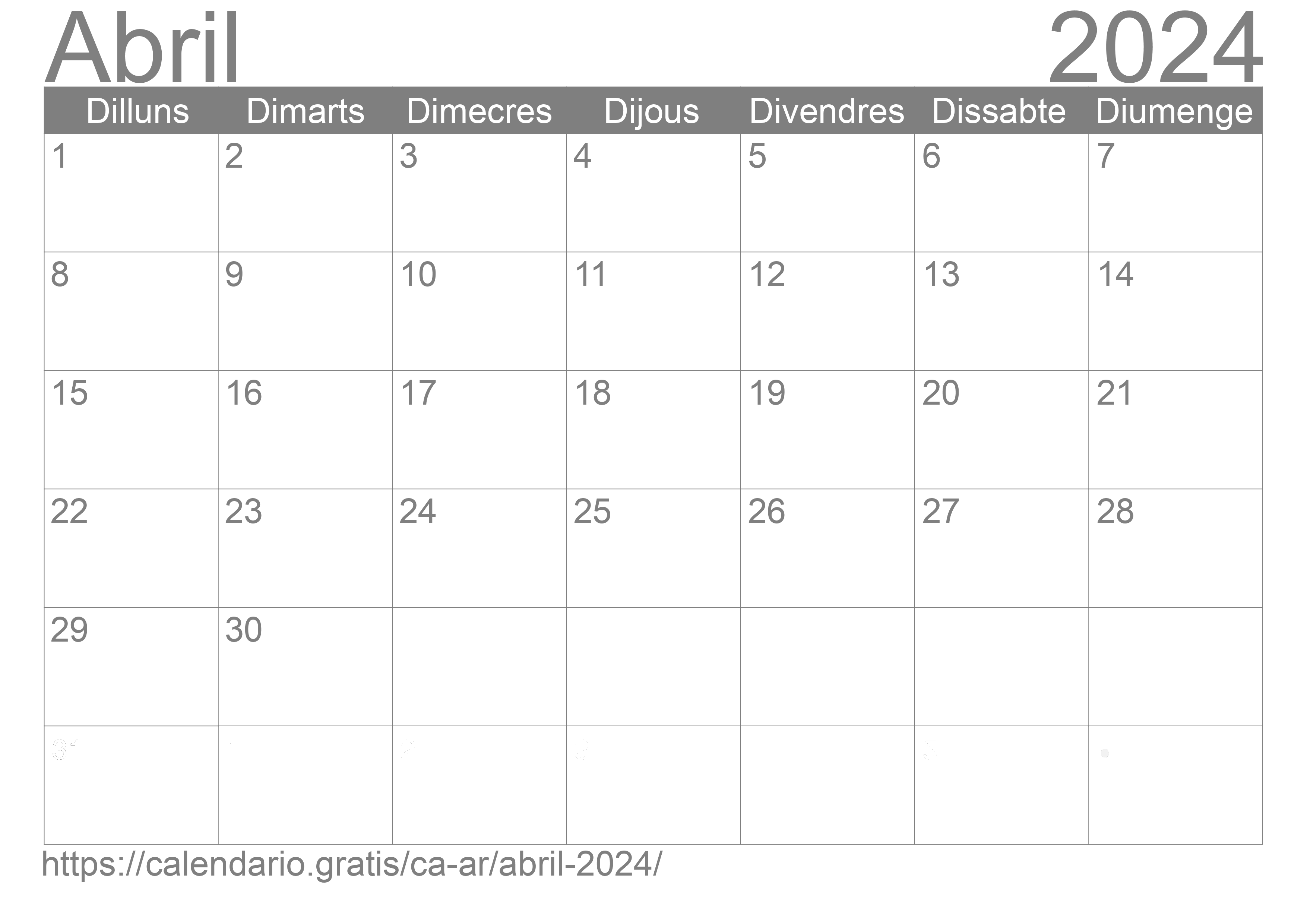 Calendari Abril 2024 d'Argentina en Català ☑️ Calendario.Gratis