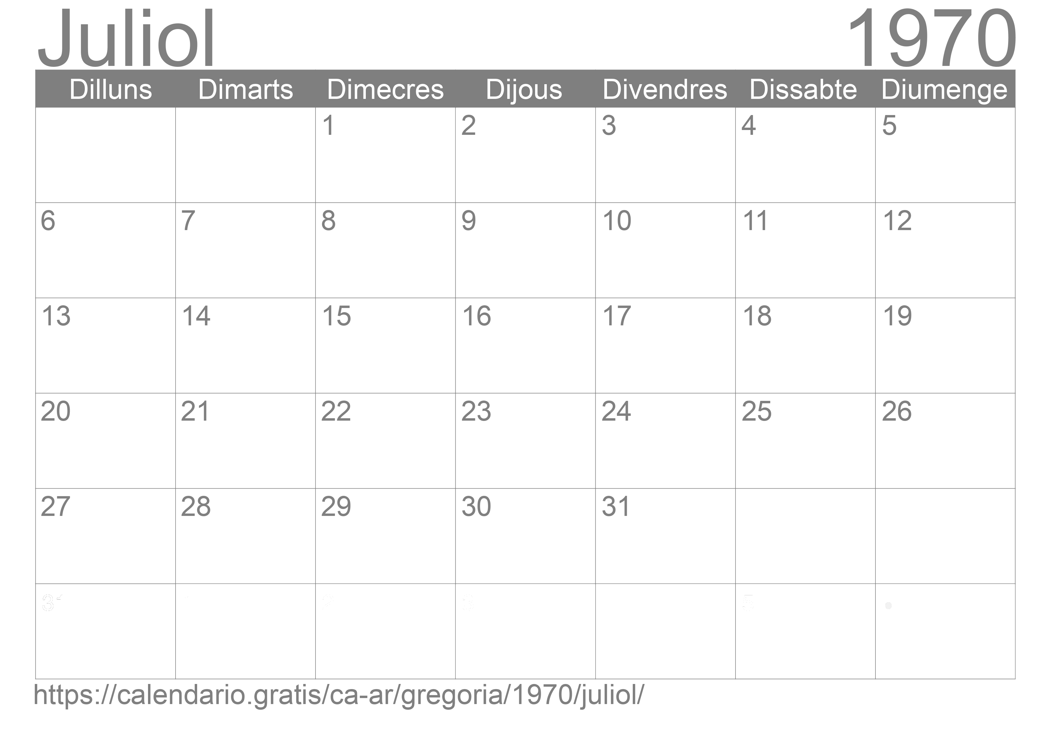 Calendari Juliol 1970 per imprimir