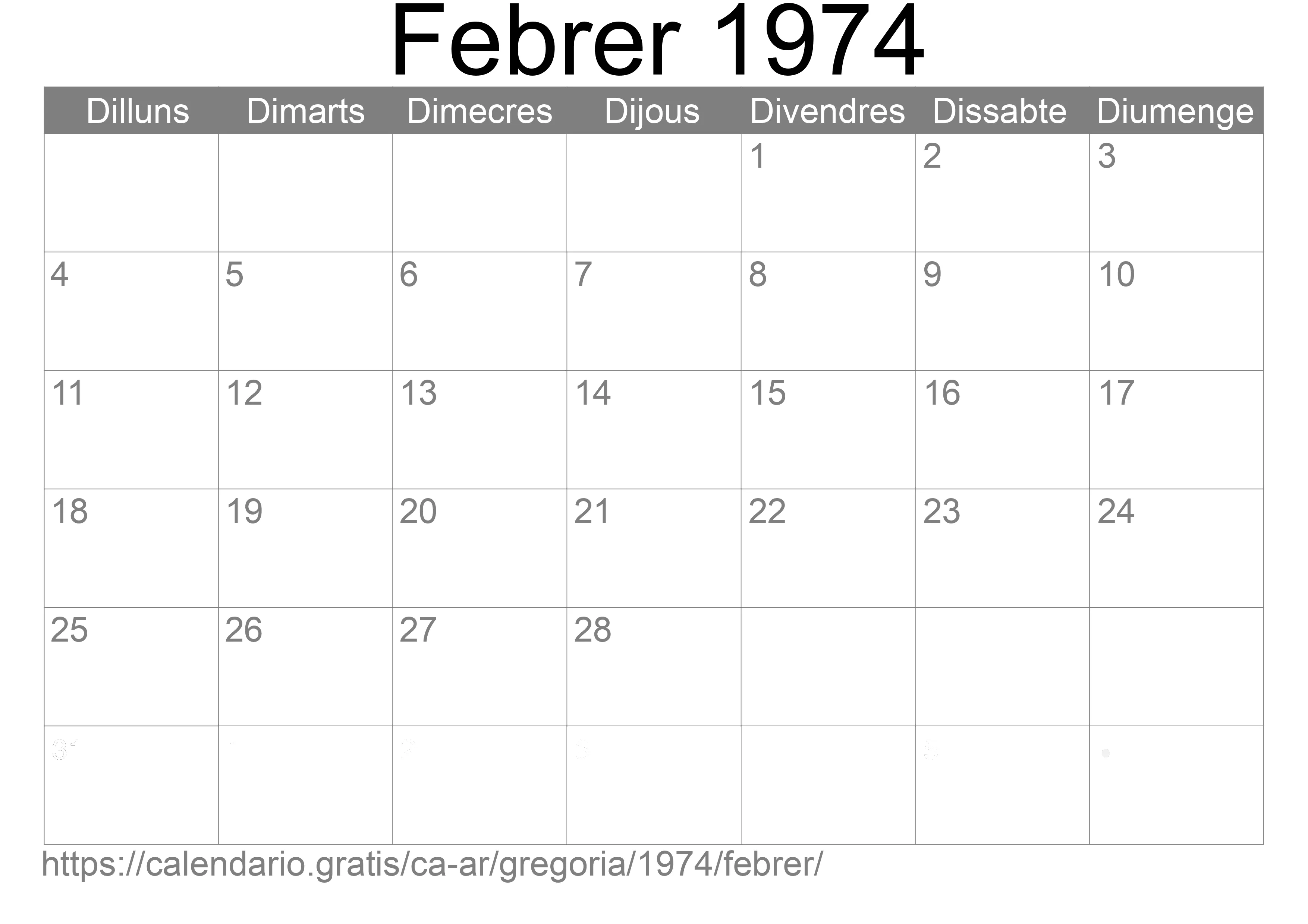 Calendari Febrer 1974 per imprimir (Argentina)