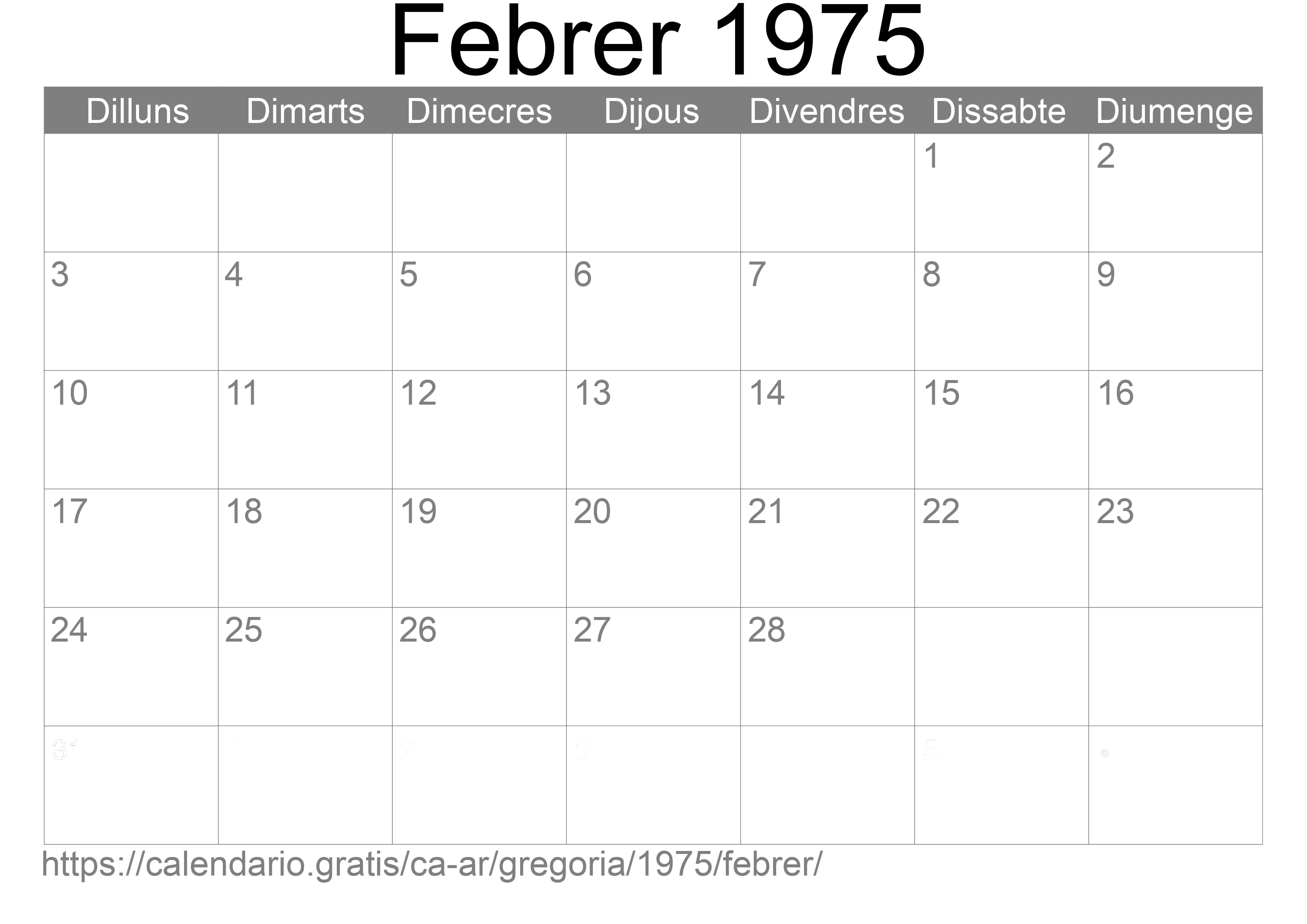 Calendari Febrer 1975 per imprimir (Argentina)