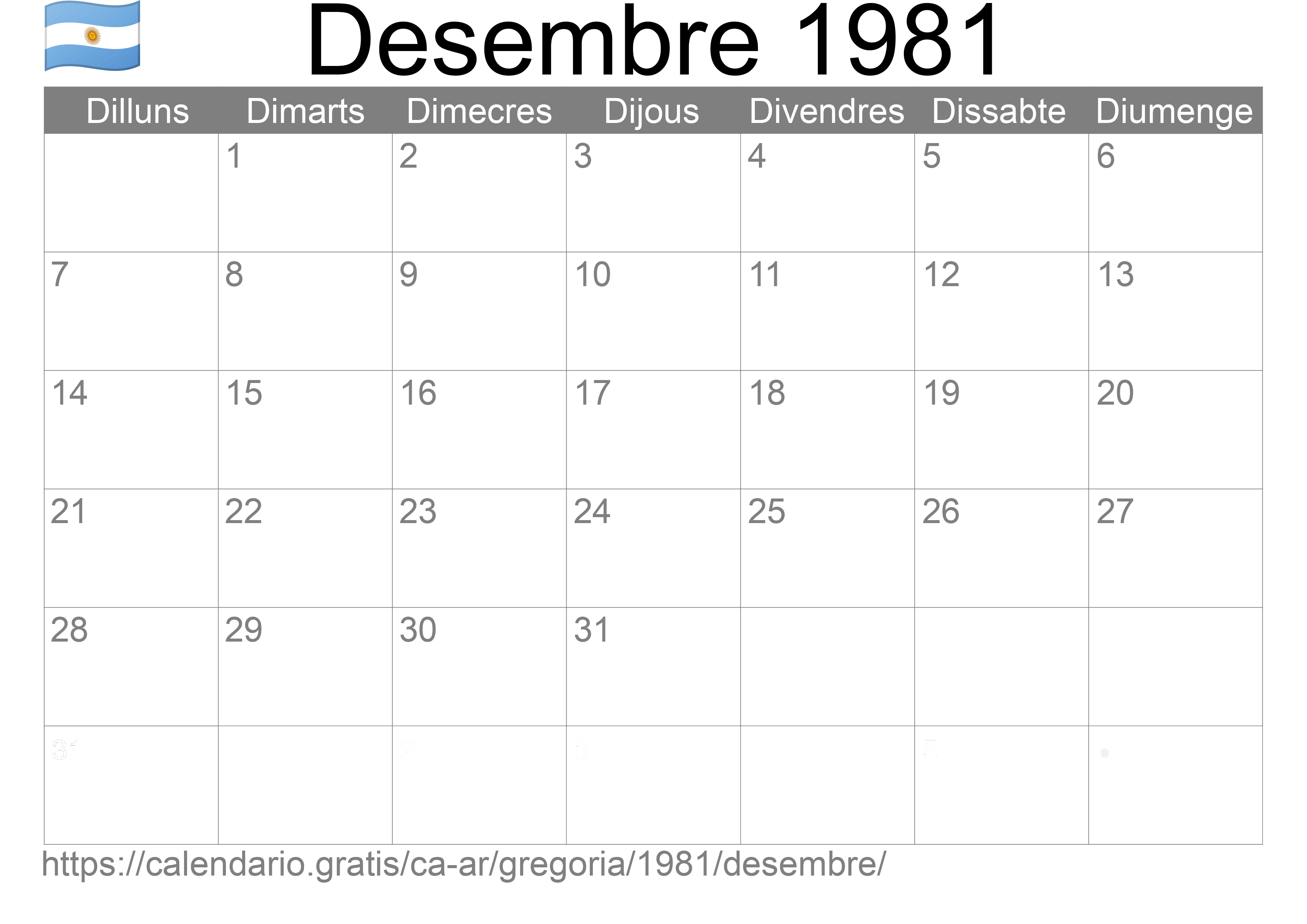 Calendari Desembre 1981 per imprimir