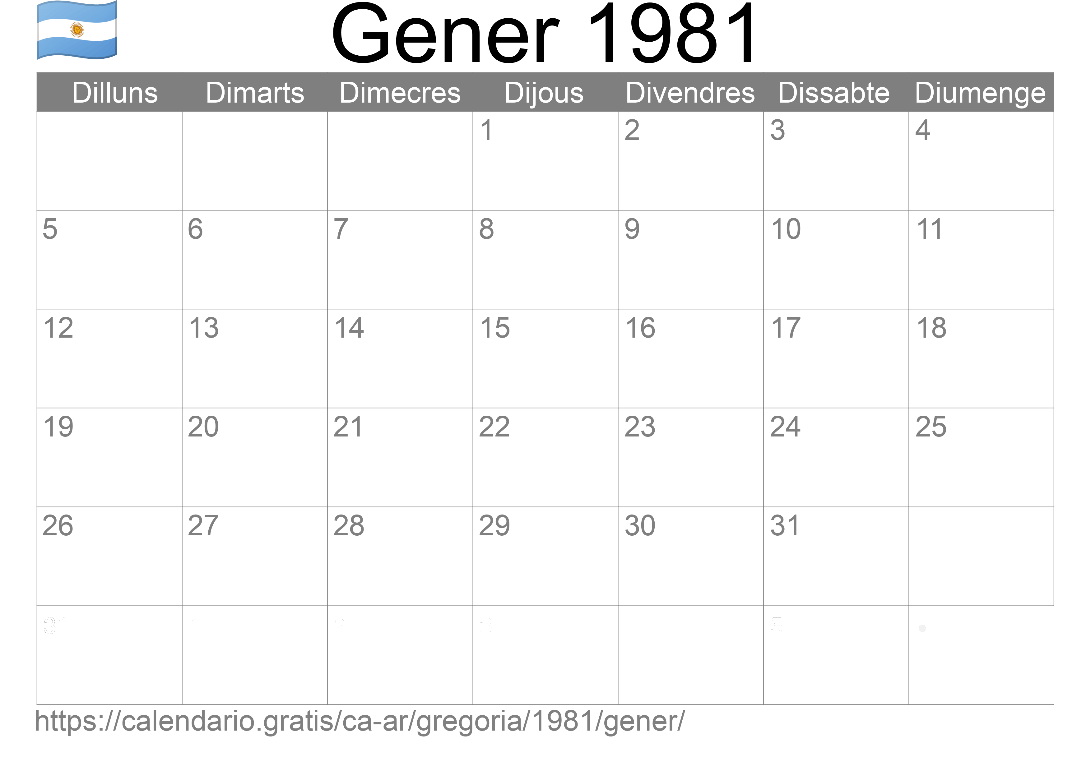 Calendari Gener 1981 per imprimir