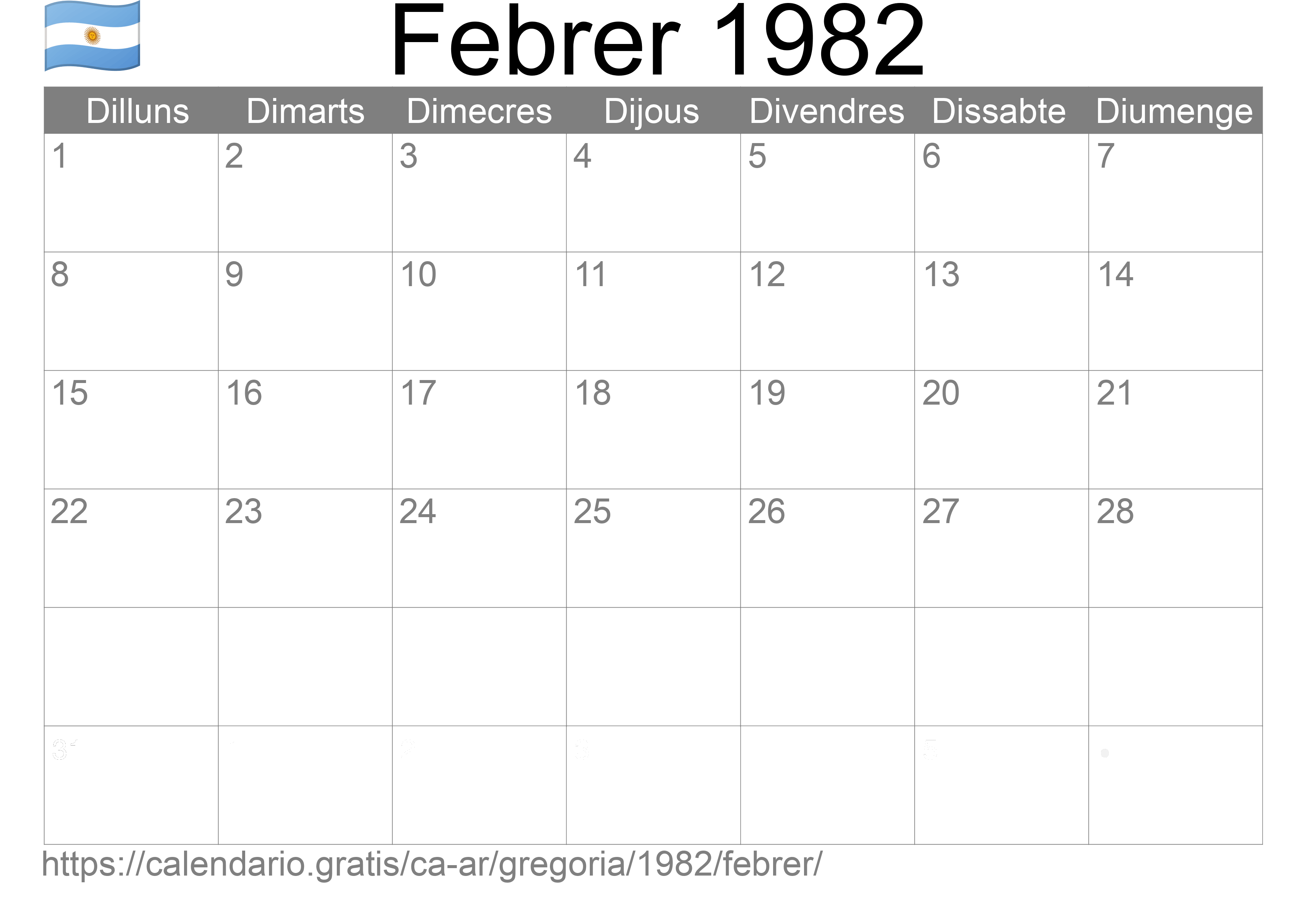 Calendari Febrer 1982 per imprimir