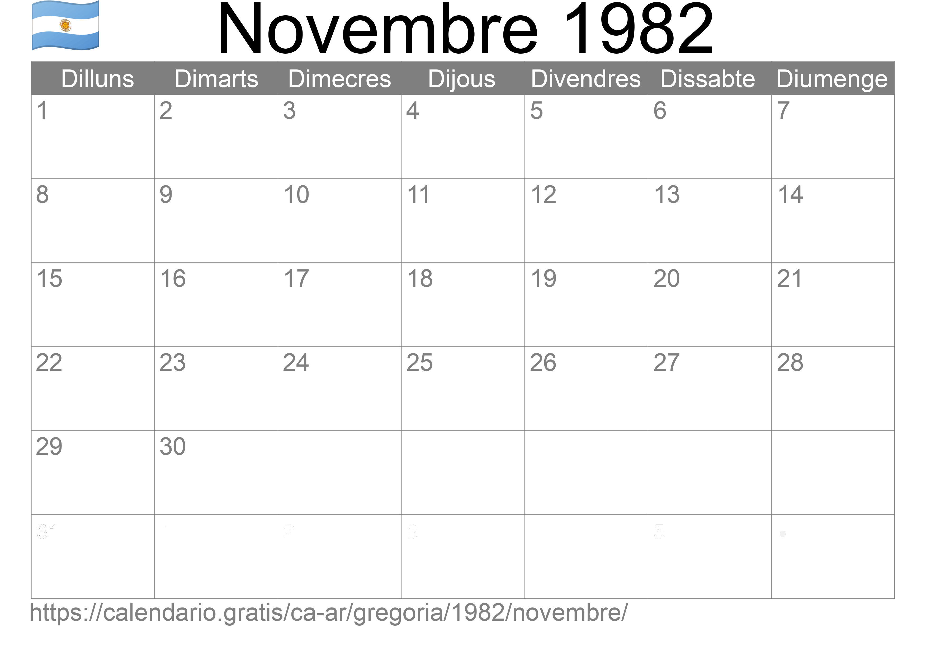 Calendari Novembre 1982 per imprimir