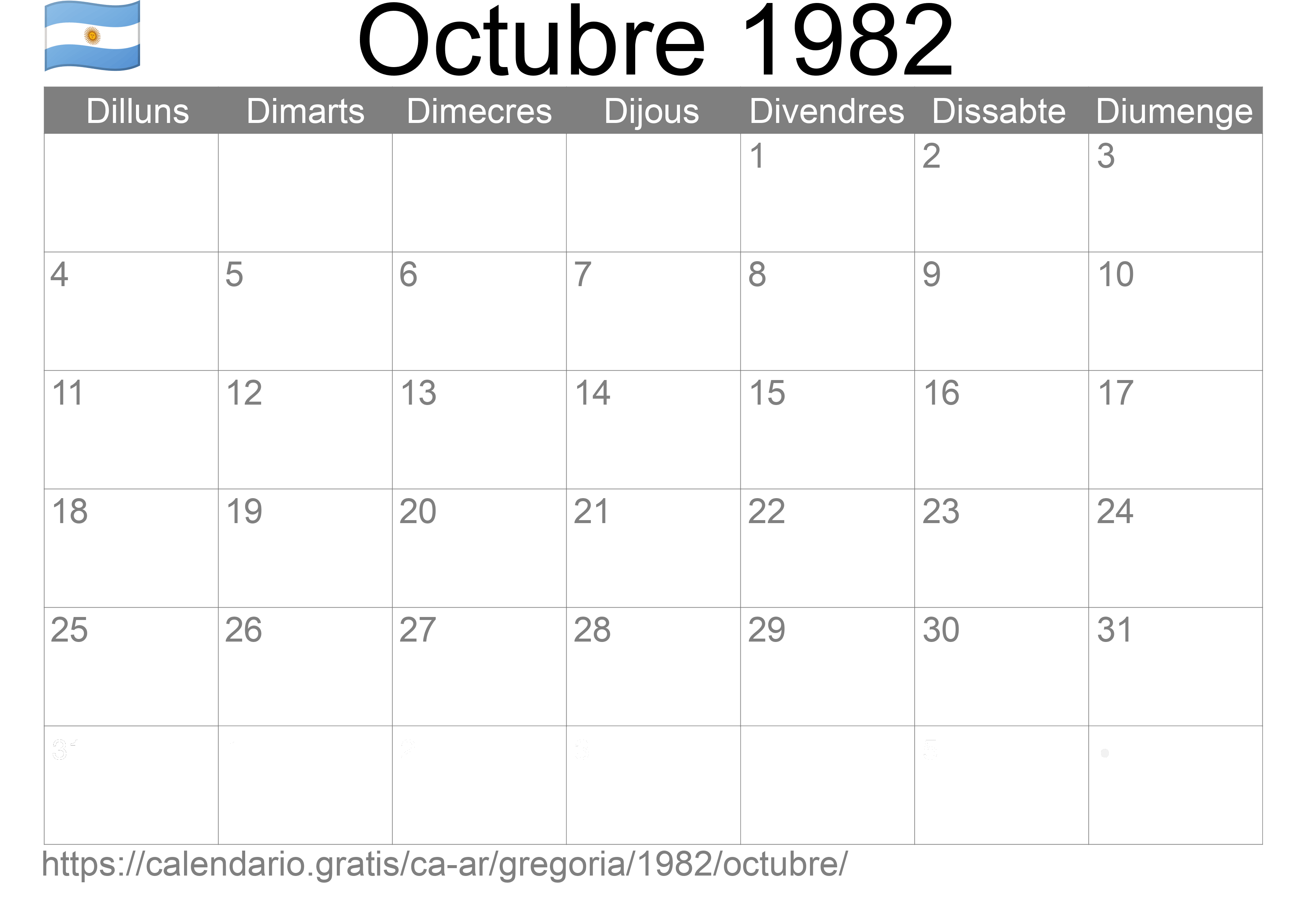 Calendari Octubre 1982 per imprimir