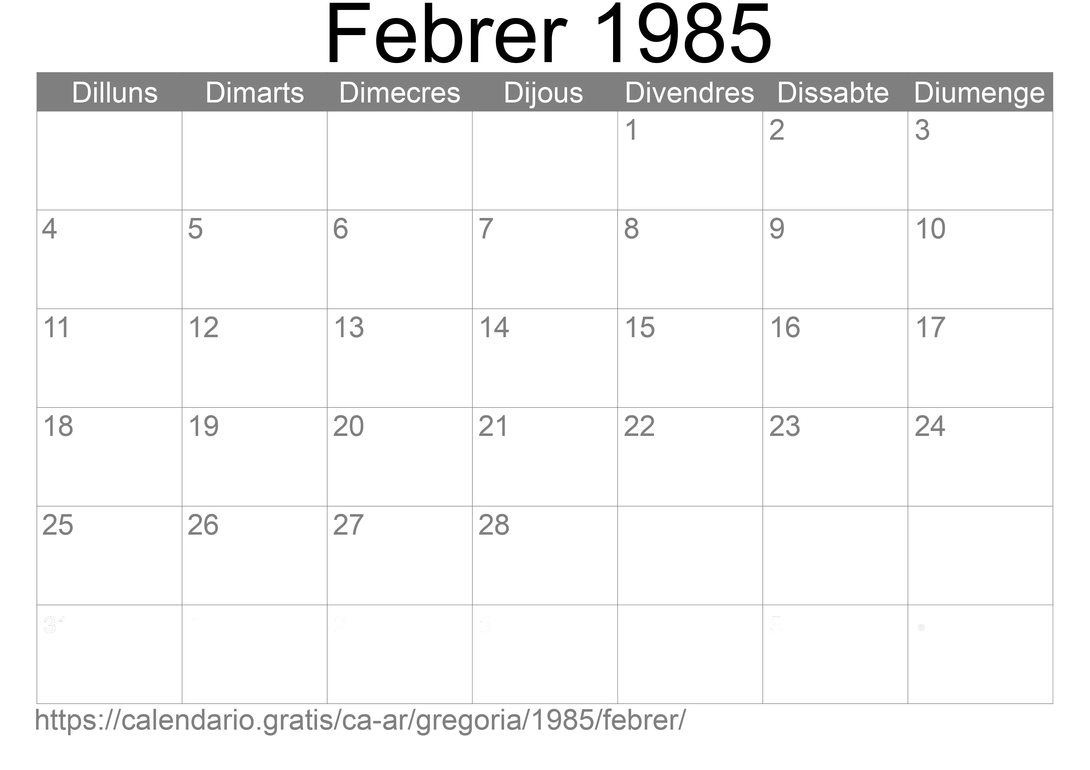 Calendari Febrer 1985 per imprimir (Argentina)