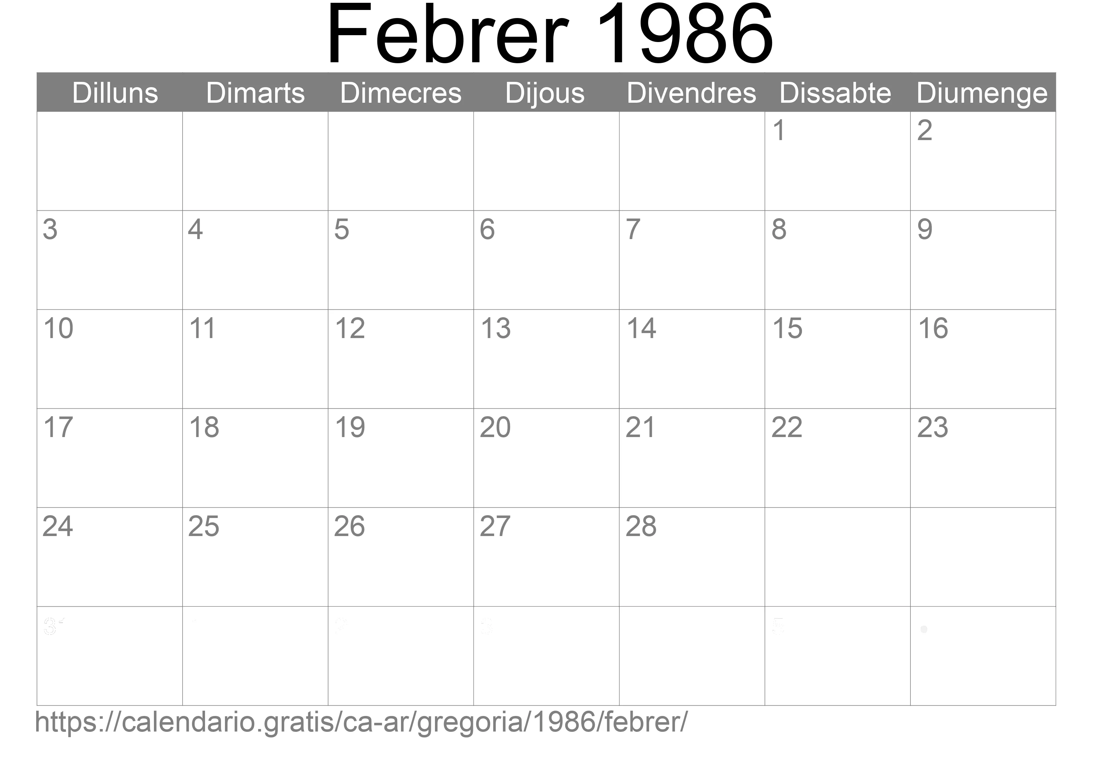Calendari Febrer 1986 per imprimir (Argentina)