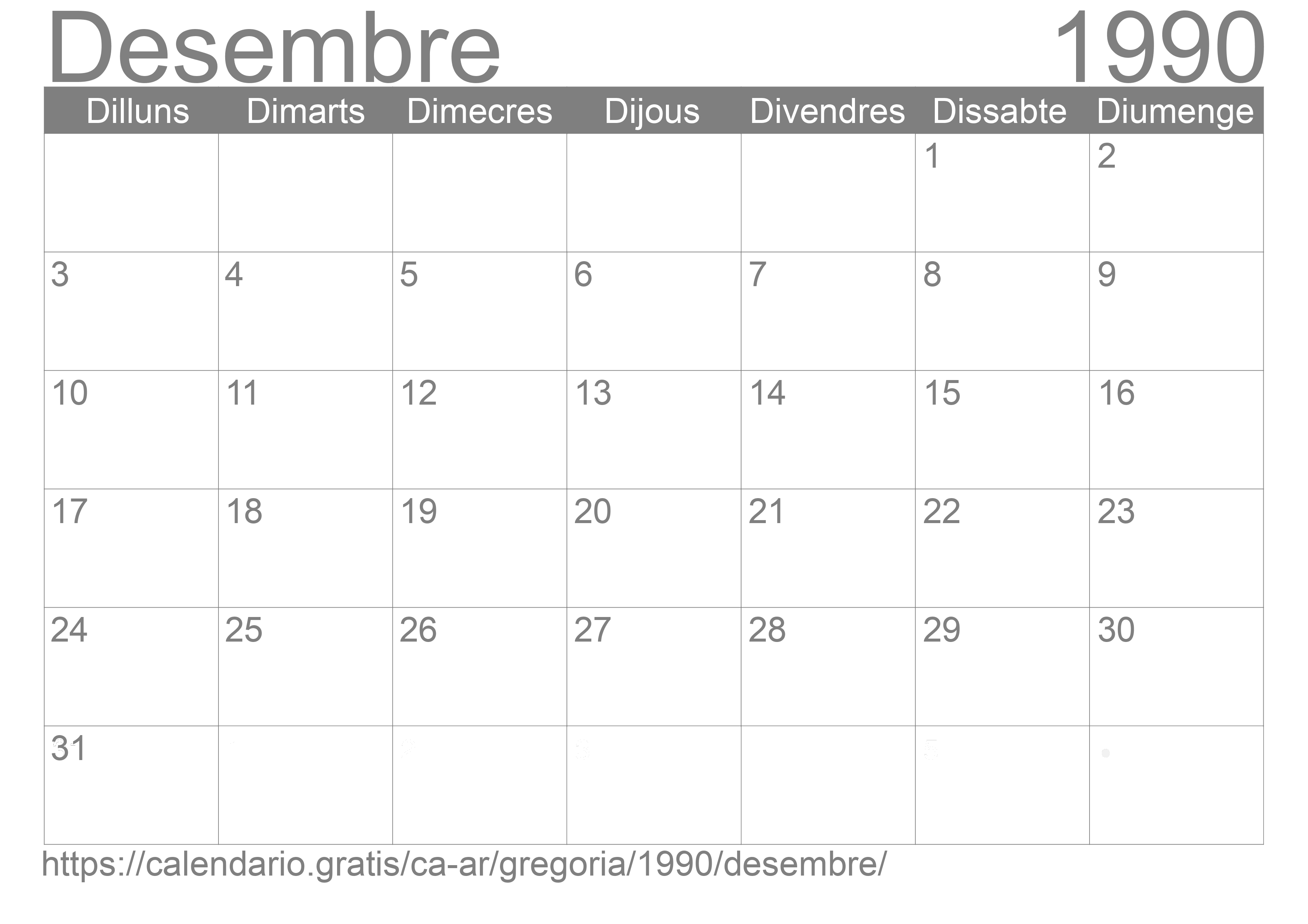 Calendari Desembre 1990 per imprimir