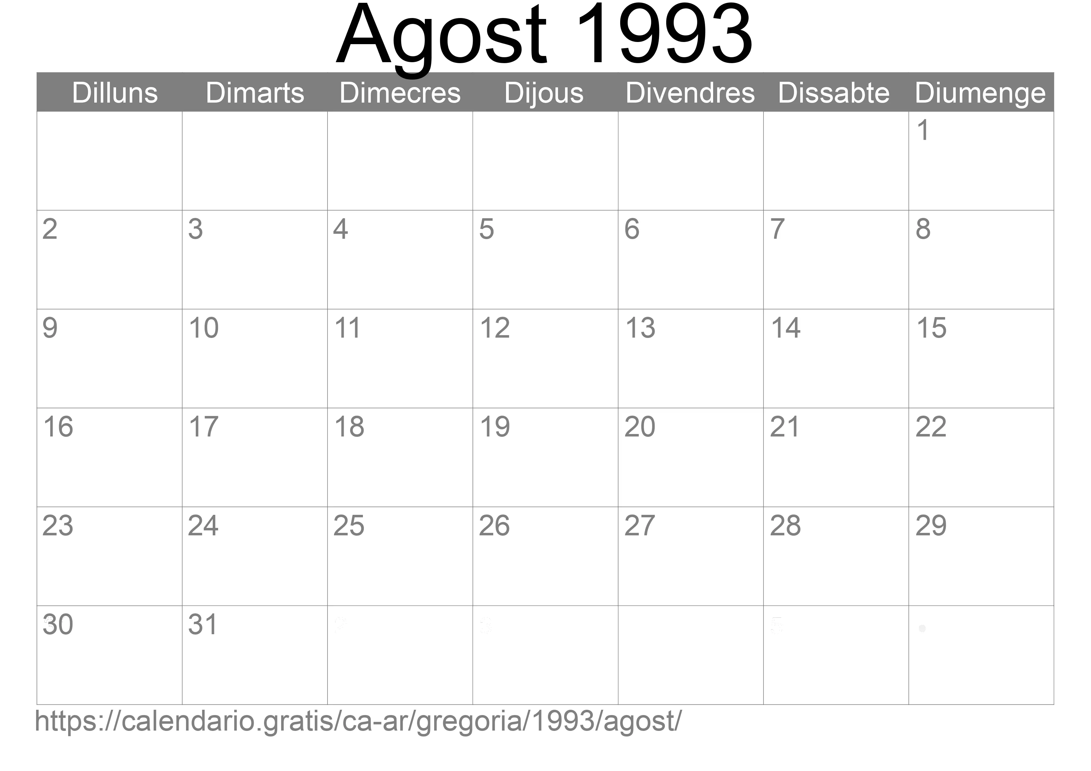 Calendari Agost 1993 per imprimir (Argentina)