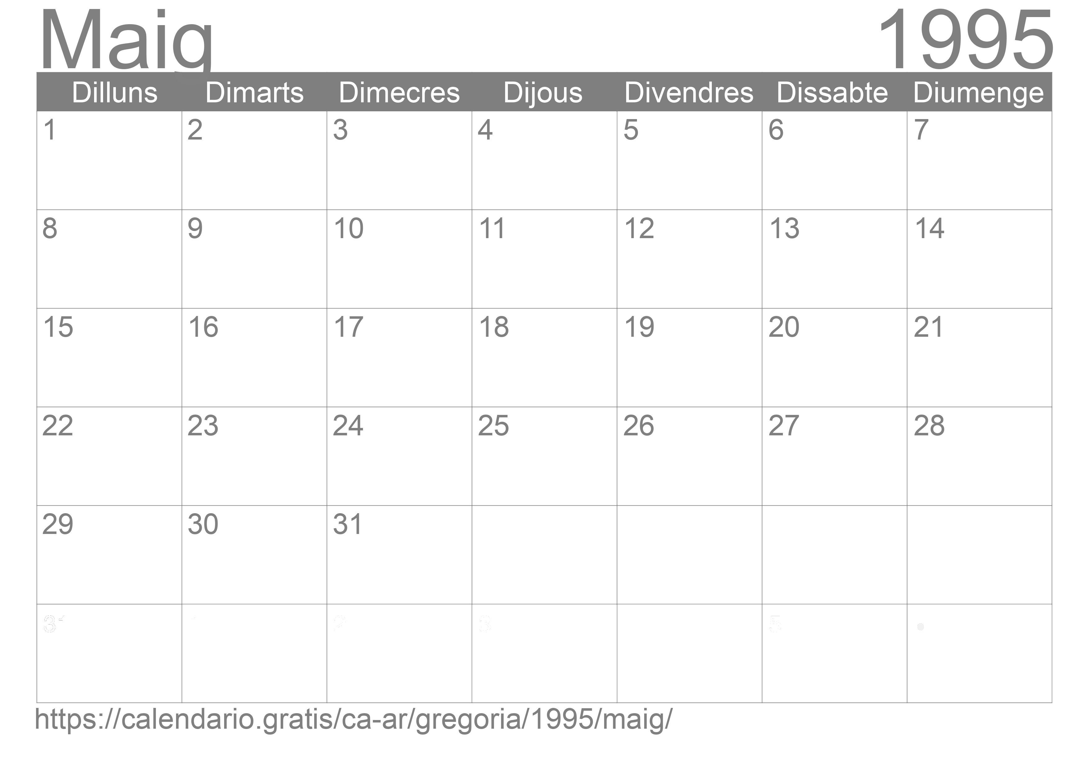 Calendari Maig 1995 per imprimir