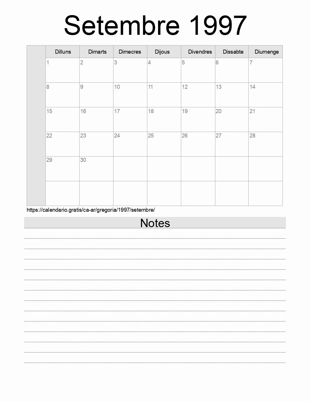 Calendari de Setembre 1997 per imprimir amb notes. (Argentina)