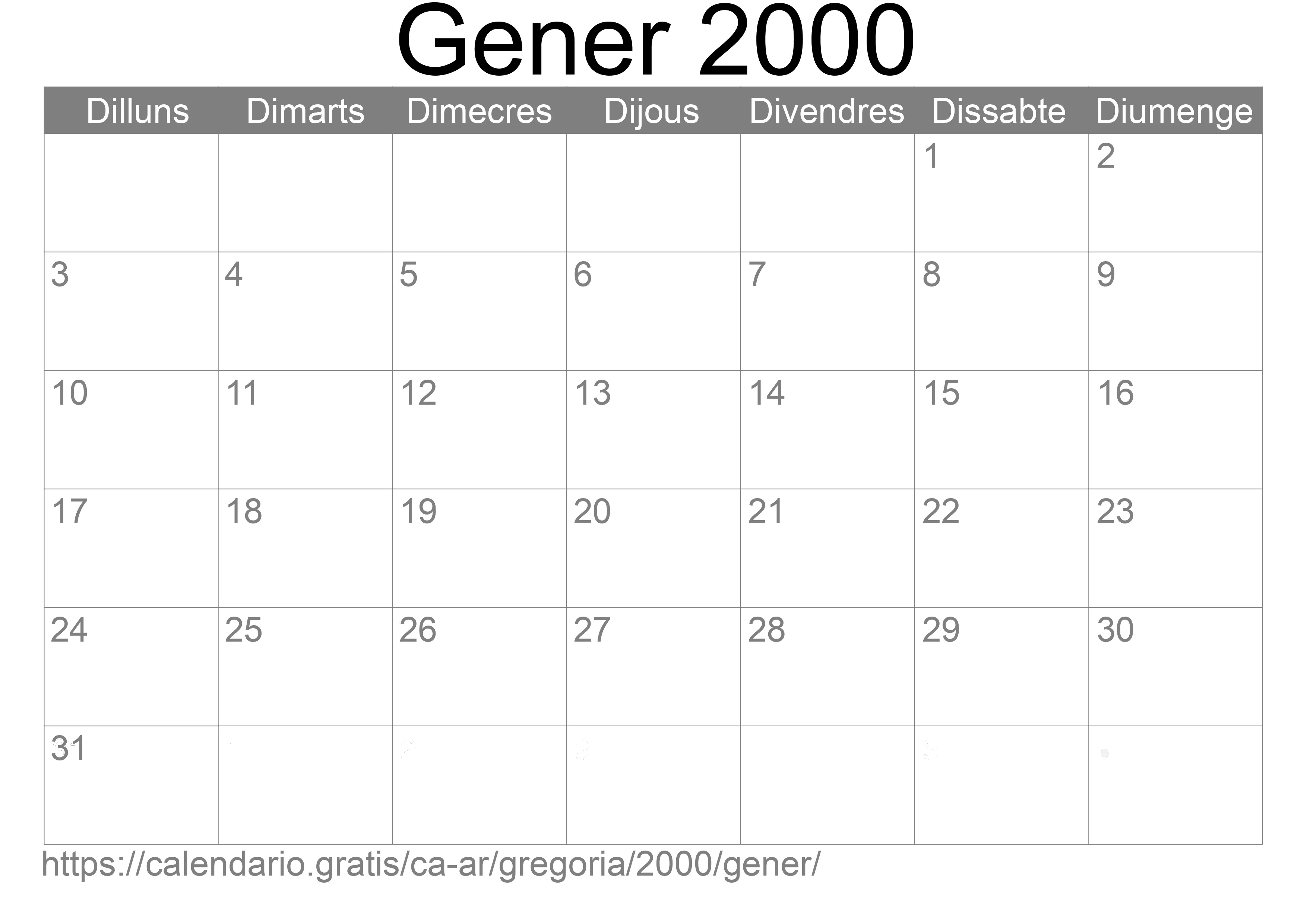 Calendari Gener 2000 per imprimir (Argentina)