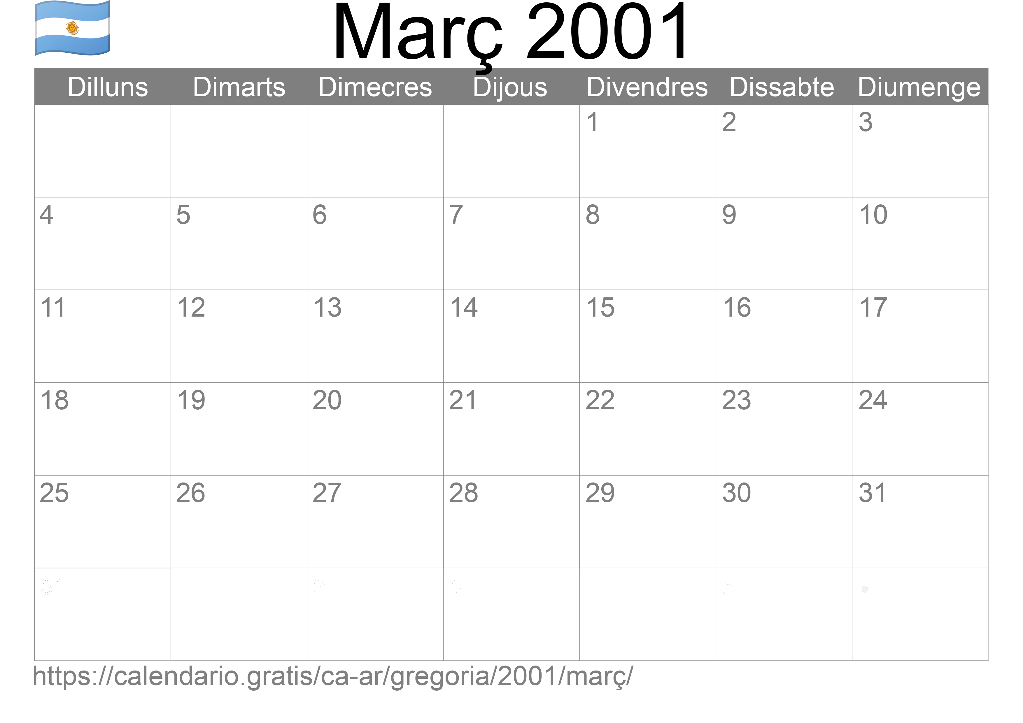 Calendari Març 2001 per imprimir