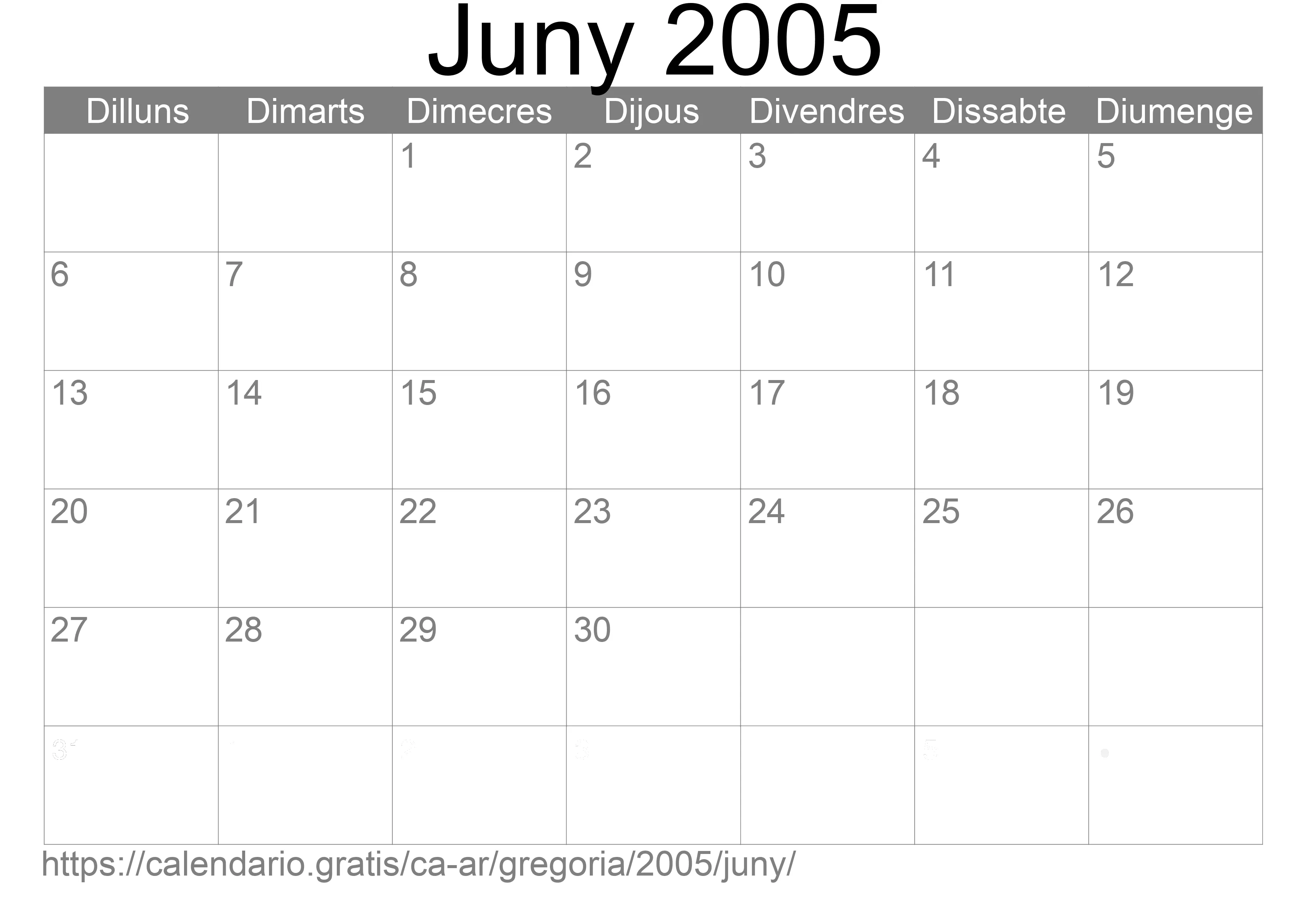 Calendari Juny 2005 per imprimir (Argentina)