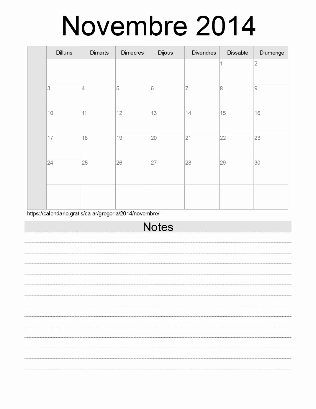 Calendari de Novembre 2014 per imprimir amb notes. (Argentina)