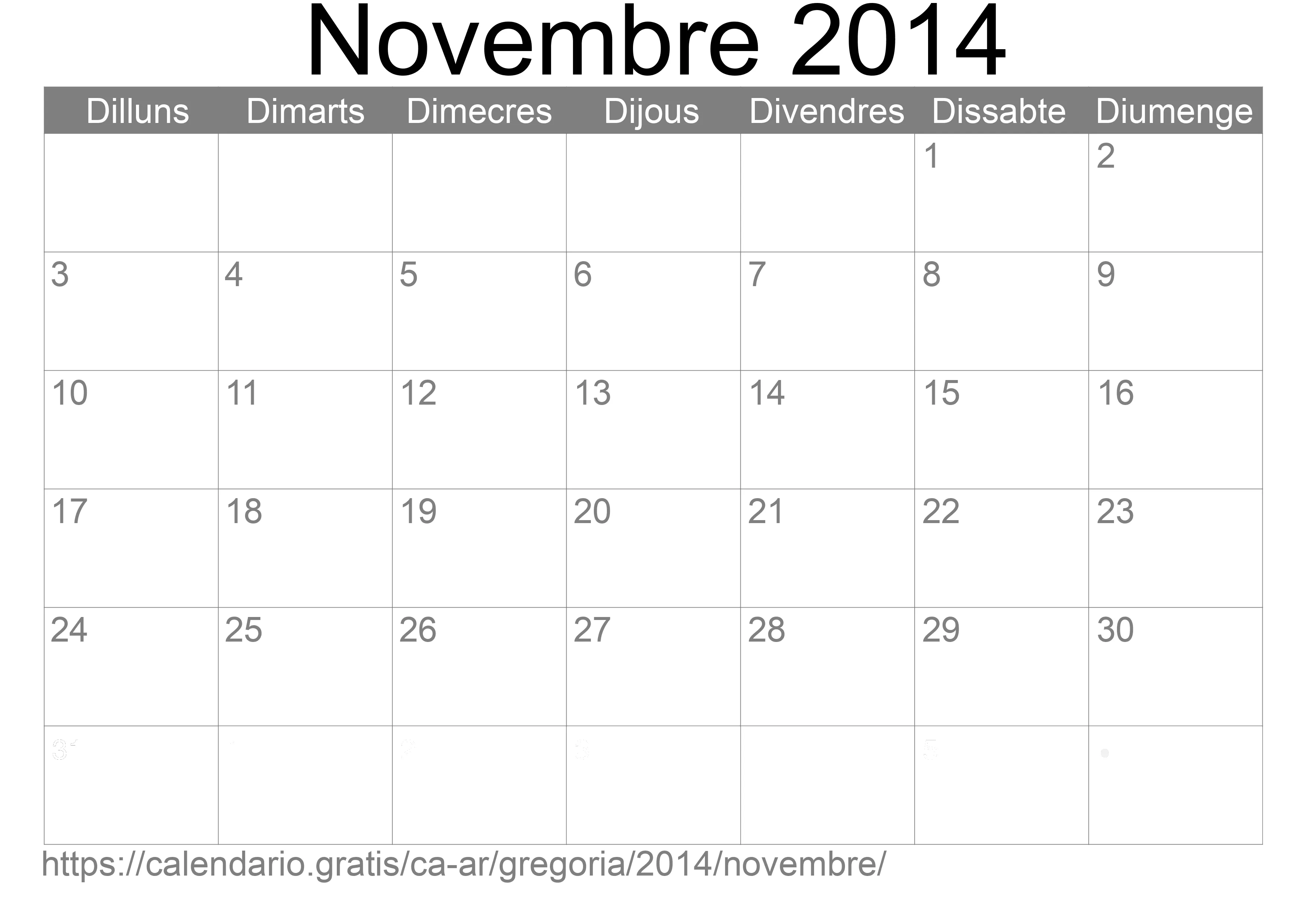 Calendari Novembre 2014 per imprimir (Argentina)