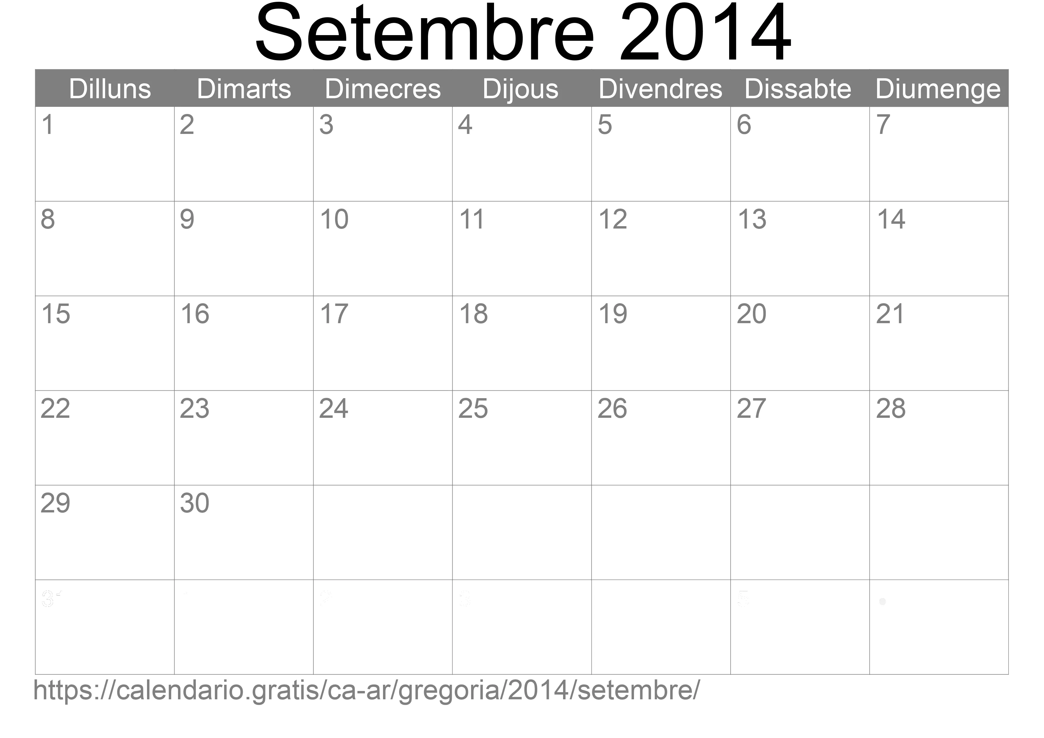 Calendari Setembre 2014 per imprimir (Argentina)