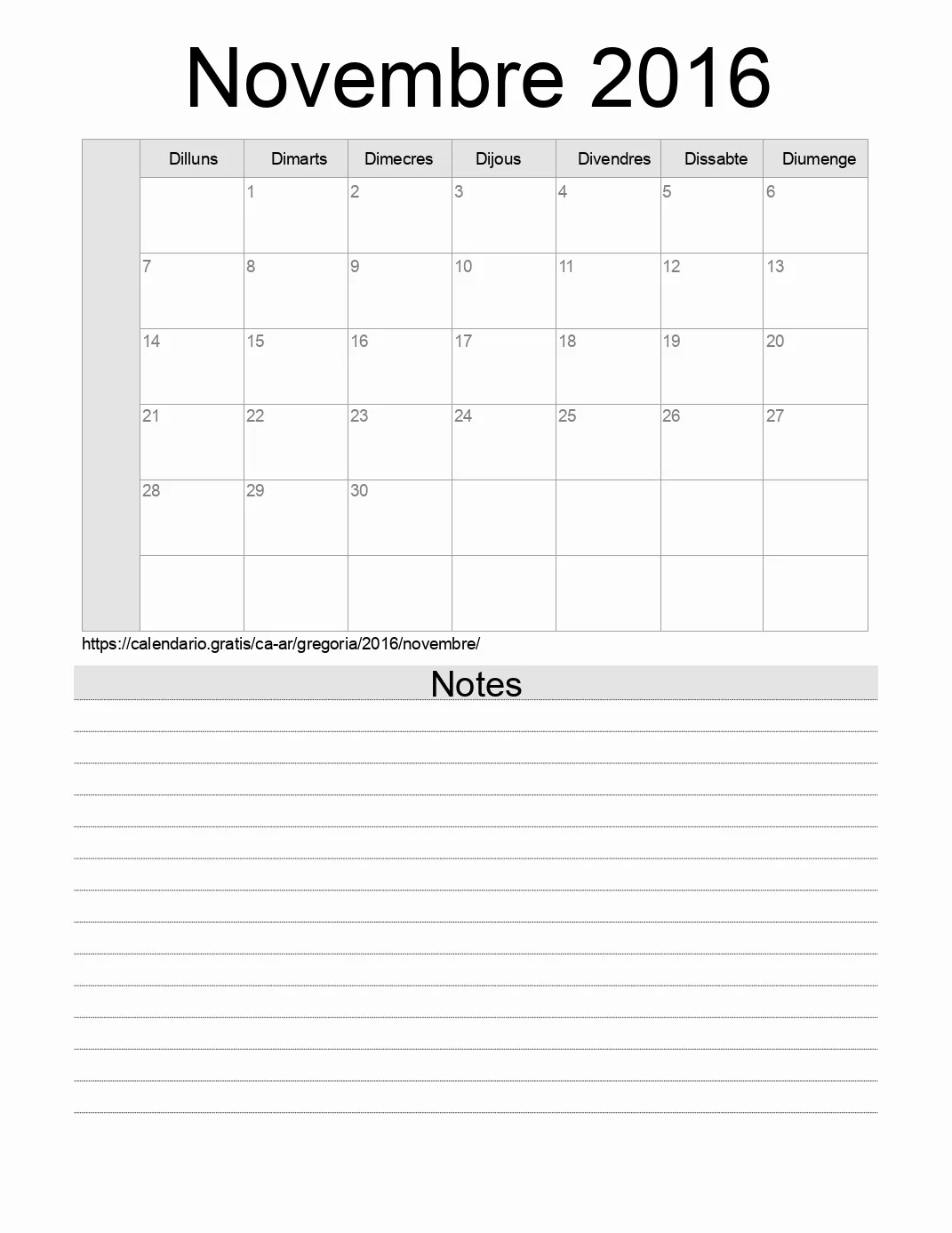 Calendari de Novembre 2016 per imprimir amb notes. (Argentina)