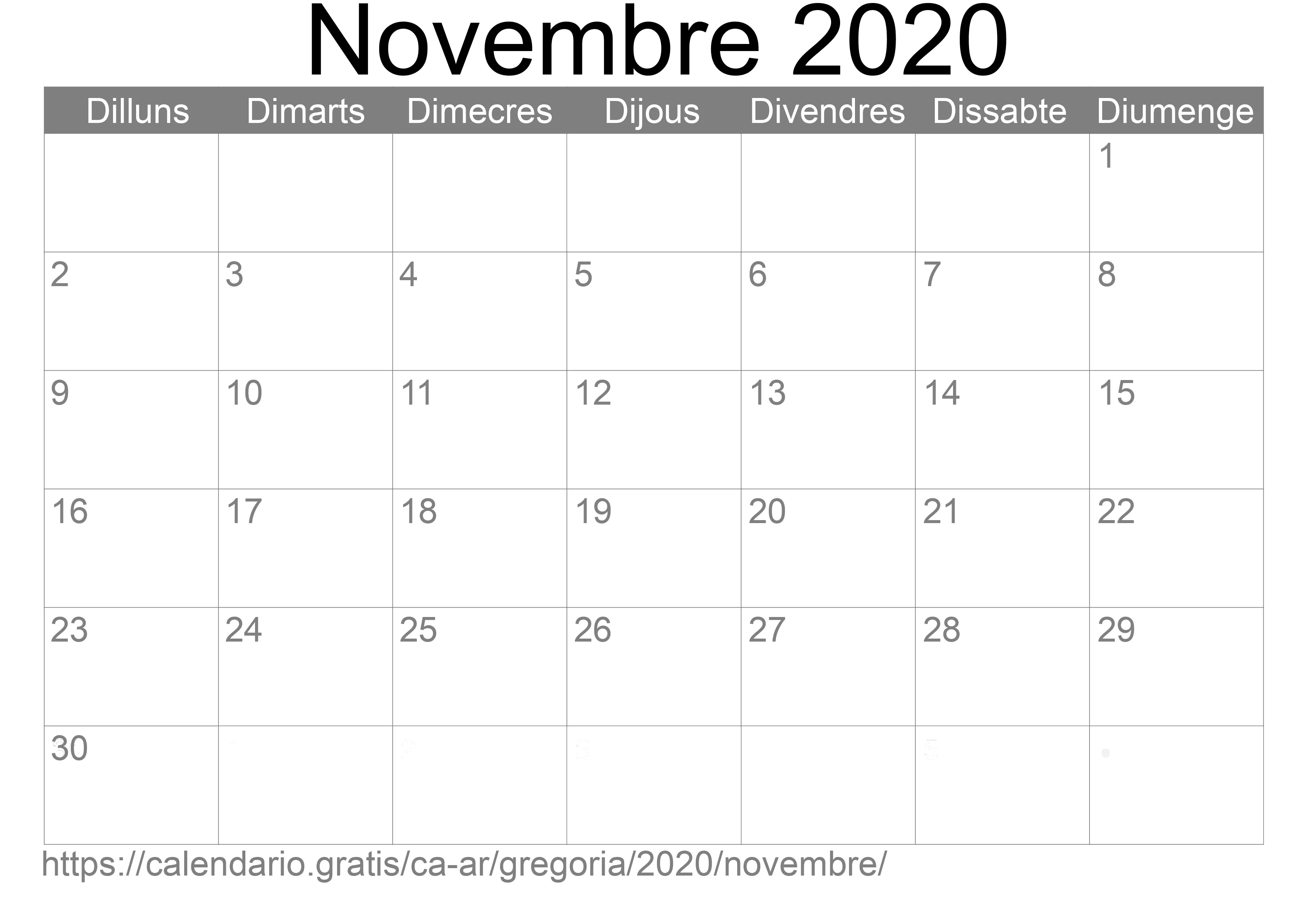 Calendari Novembre 2020 per imprimir (Argentina)