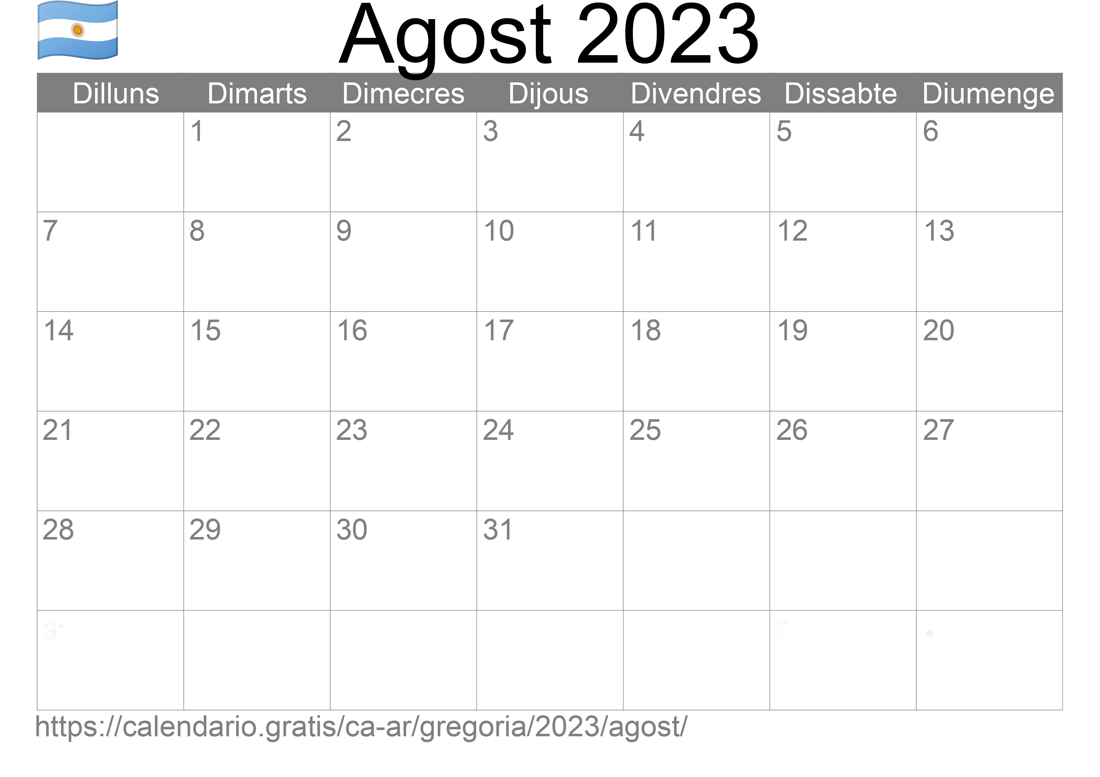 Calendari Agost 2023 per imprimir