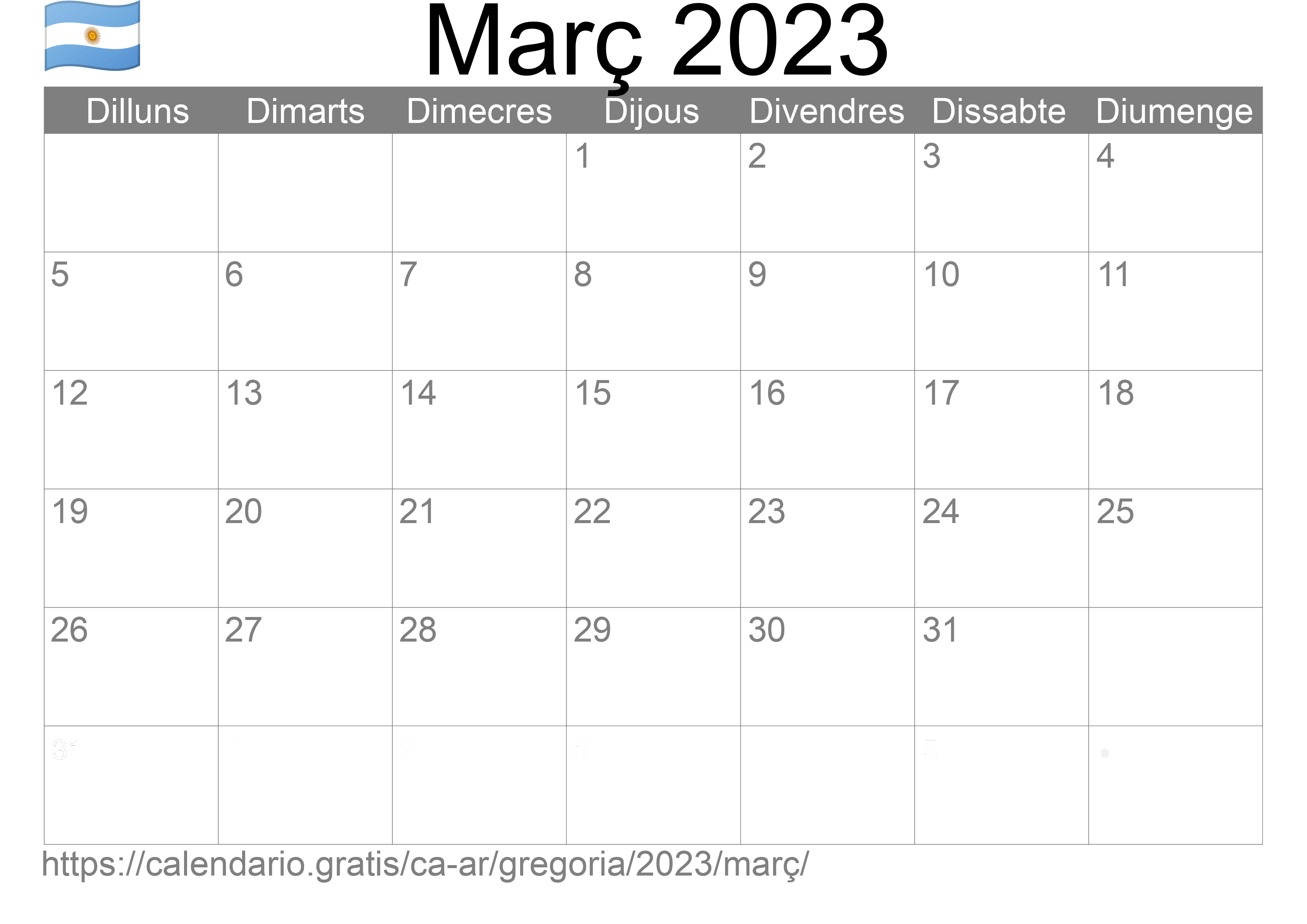 Calendari Març 2023 per imprimir