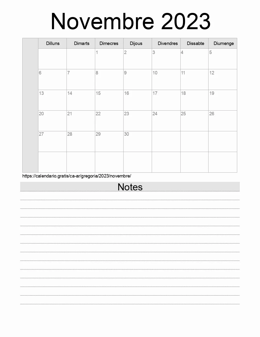 Calendari de Novembre 2023 per imprimir amb notes. (Argentina)