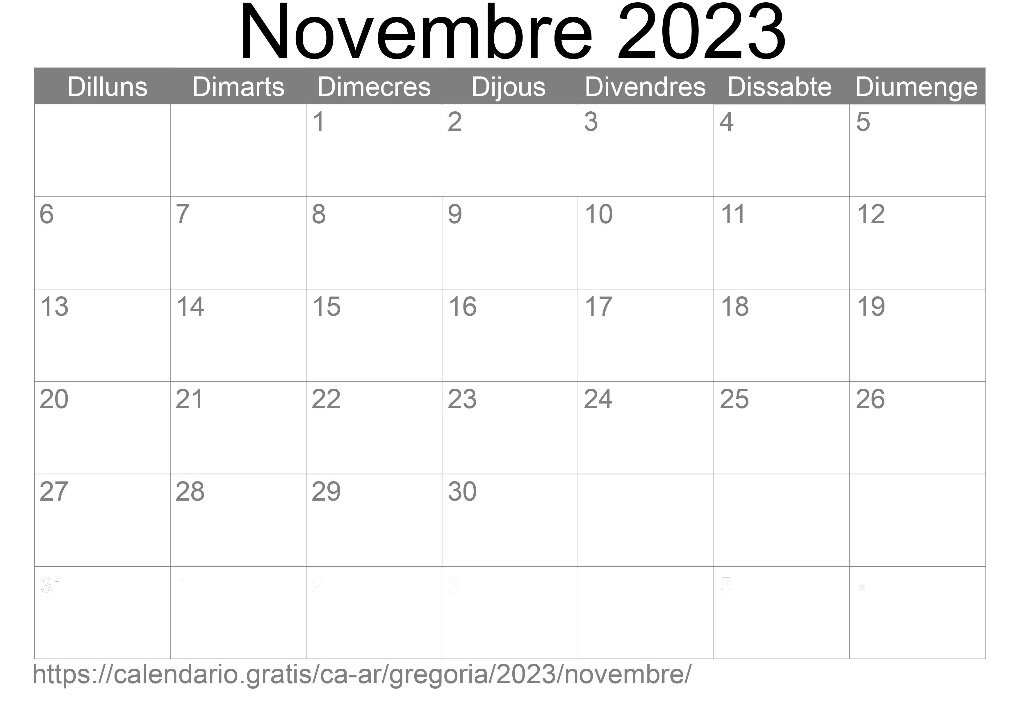 Calendari Novembre 2023 per imprimir (Argentina)