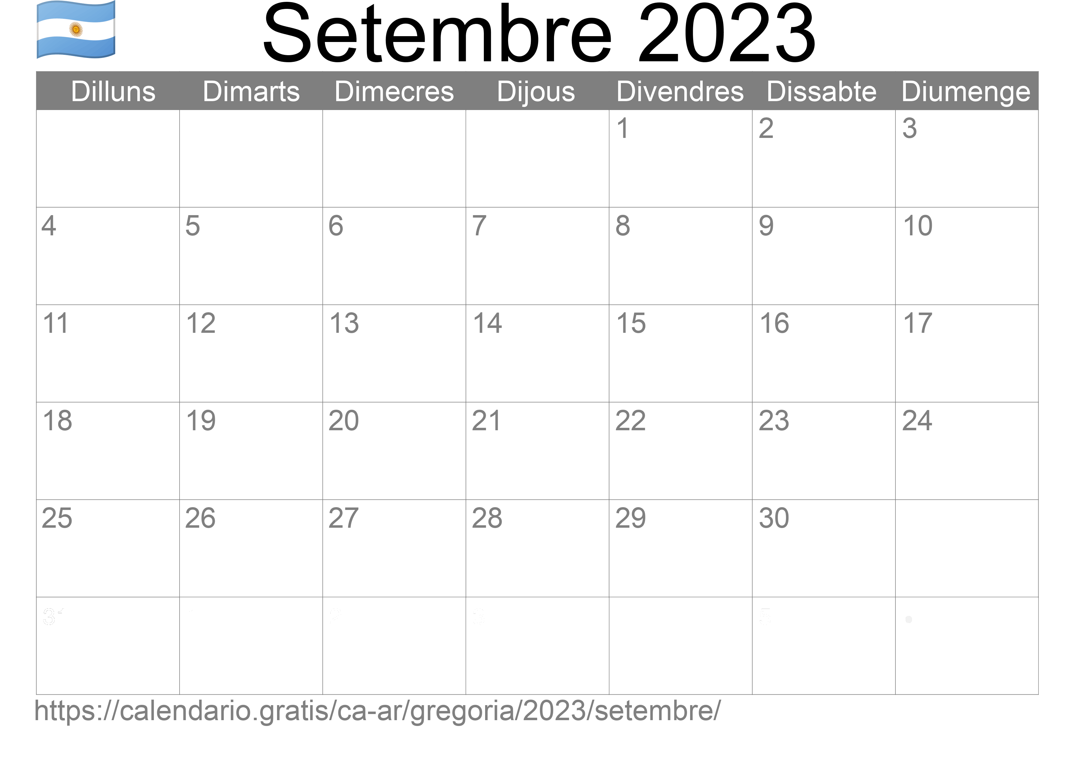 Calendari Setembre 2023 per imprimir