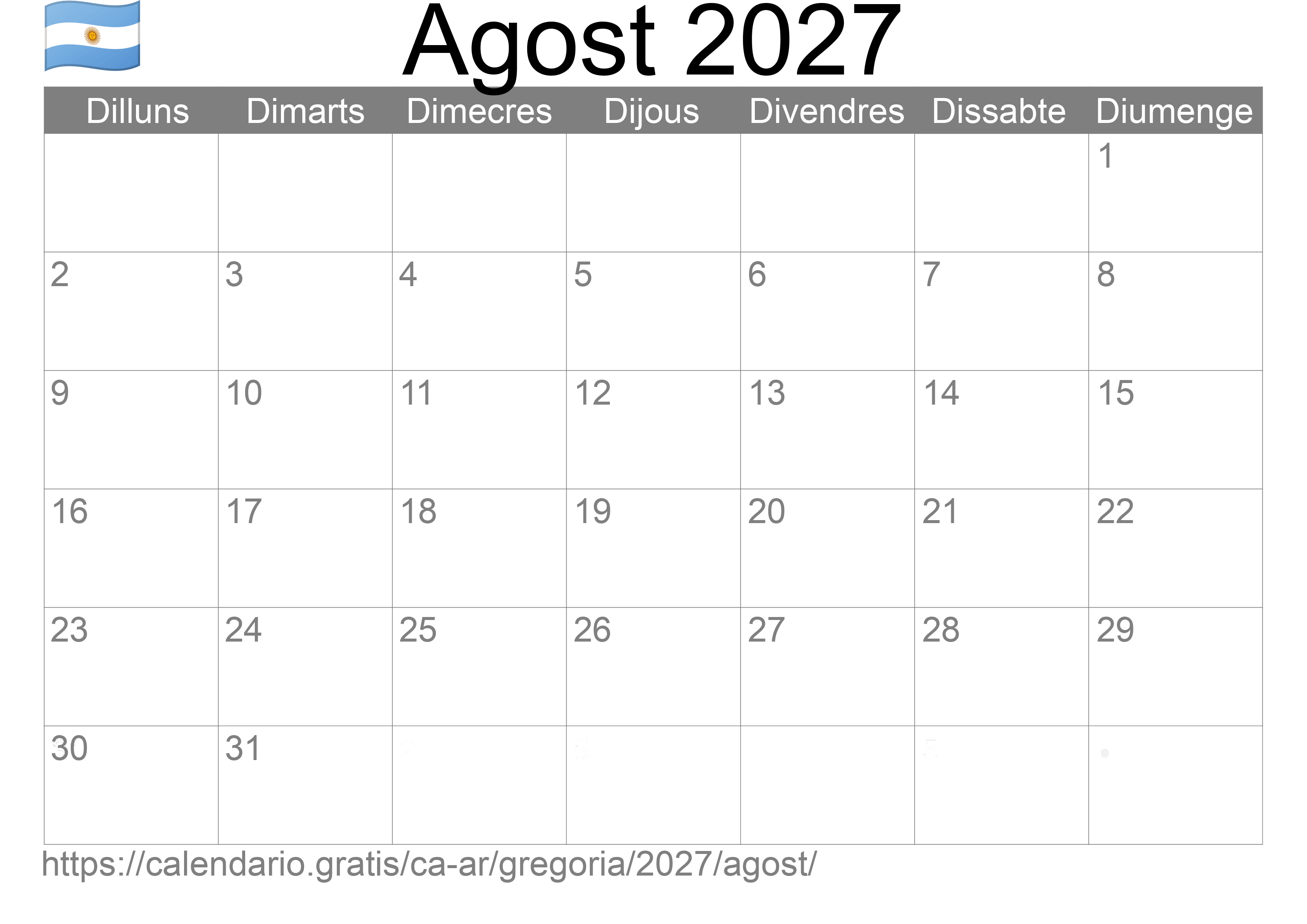 Calendari Agost 2027 per imprimir