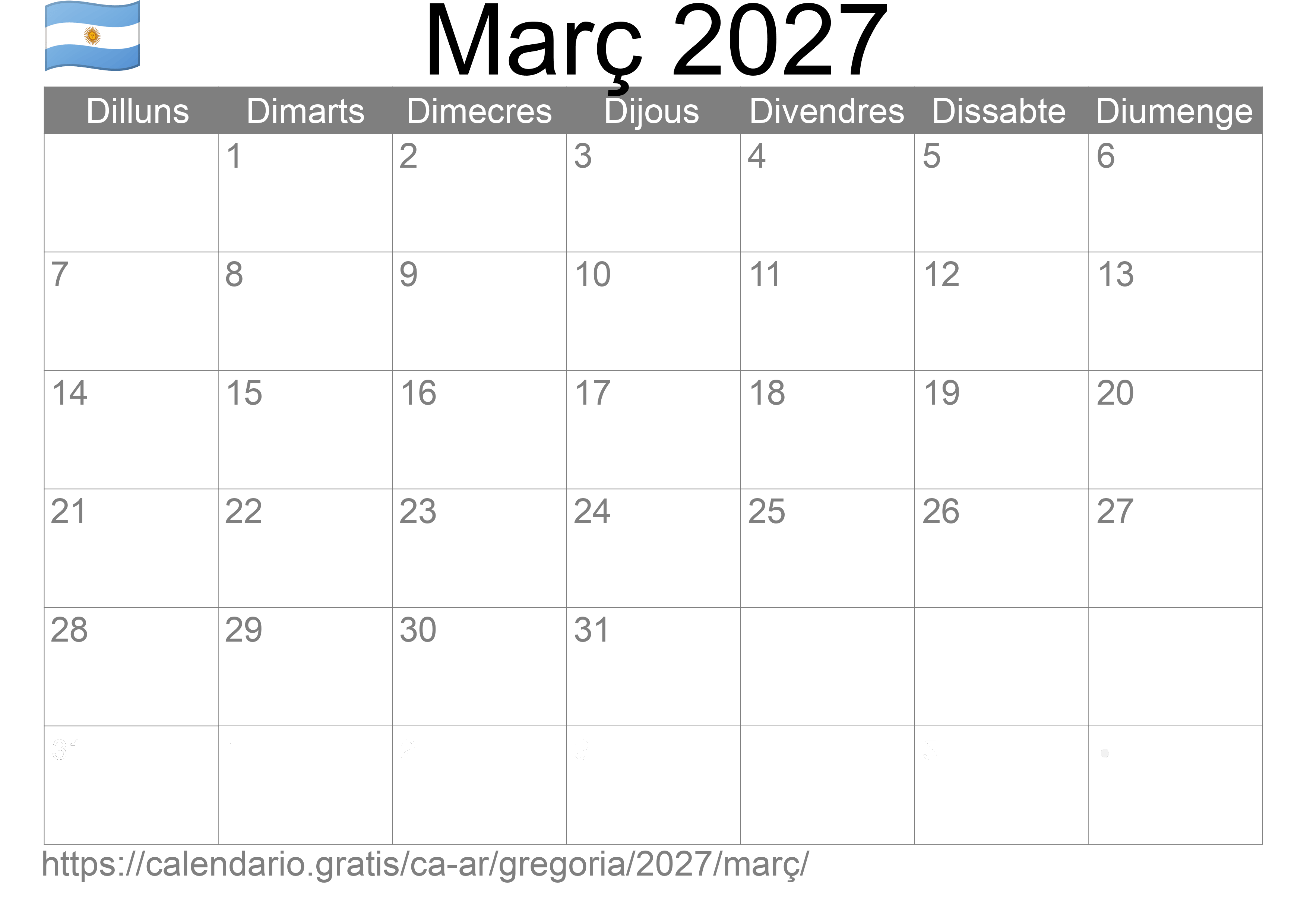 Calendari Març 2027 per imprimir